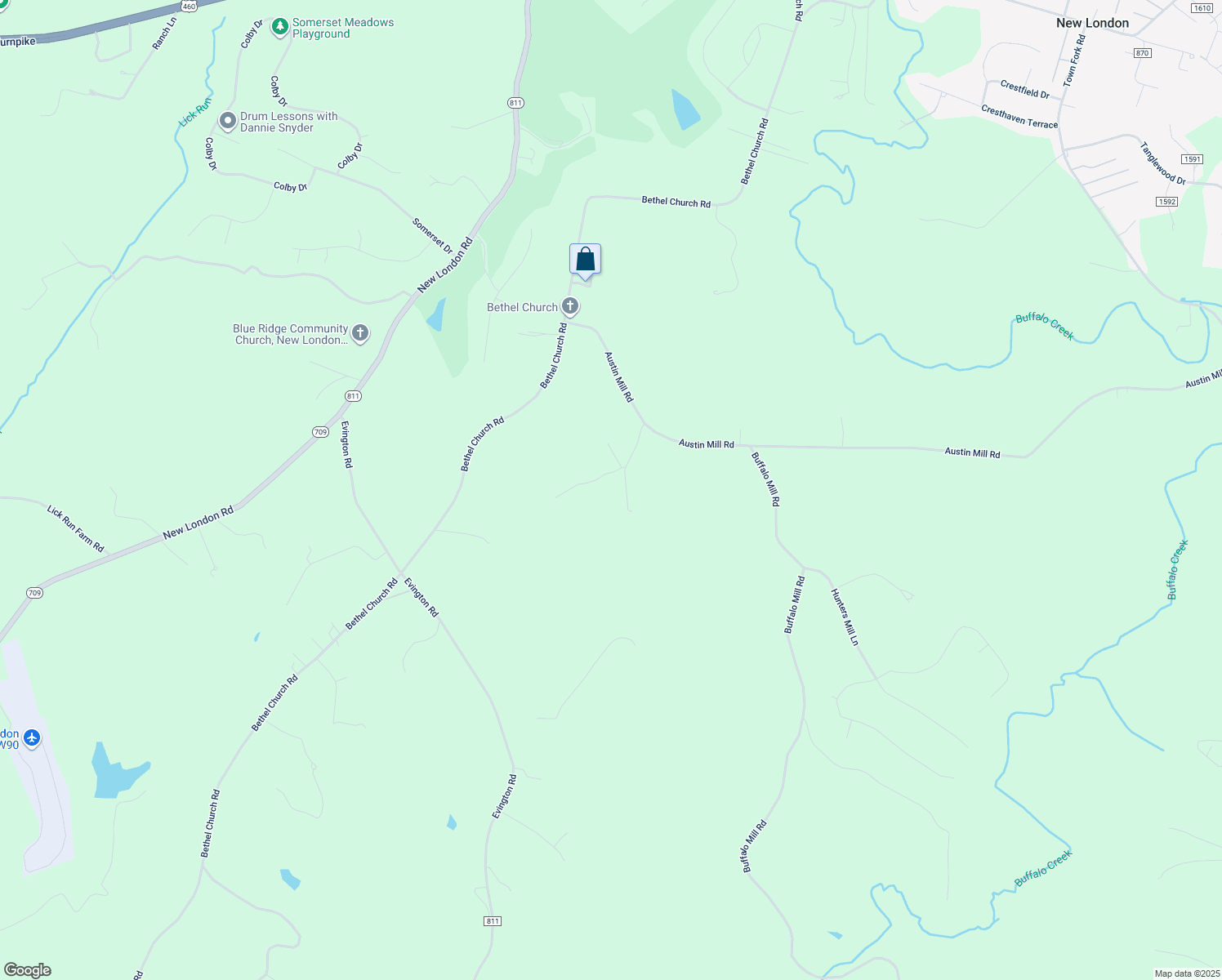 map of restaurants, bars, coffee shops, grocery stores, and more near 1828 Austin Mill Road in Evington