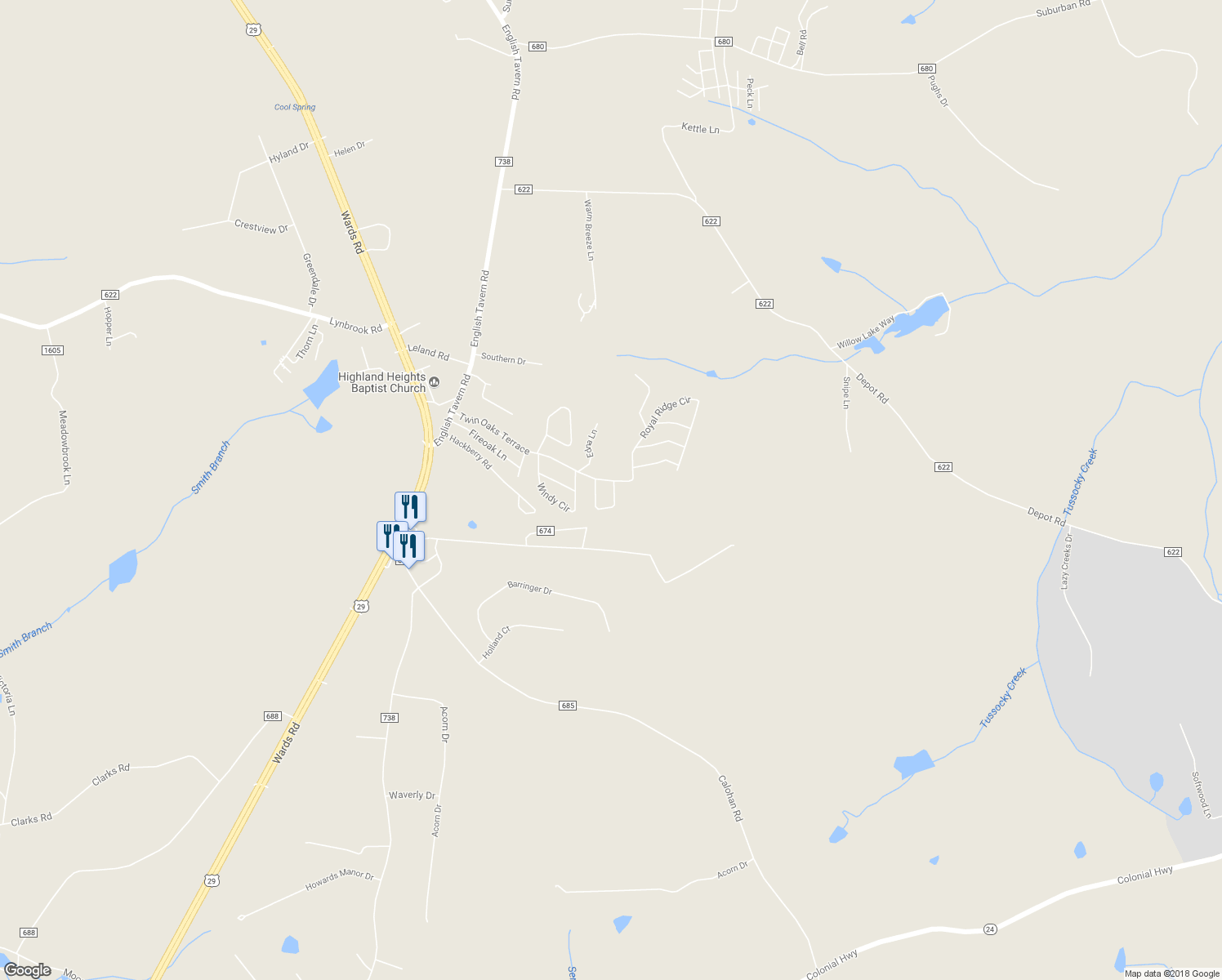 map of restaurants, bars, coffee shops, grocery stores, and more near 176 Augusta Circle in Rustburg