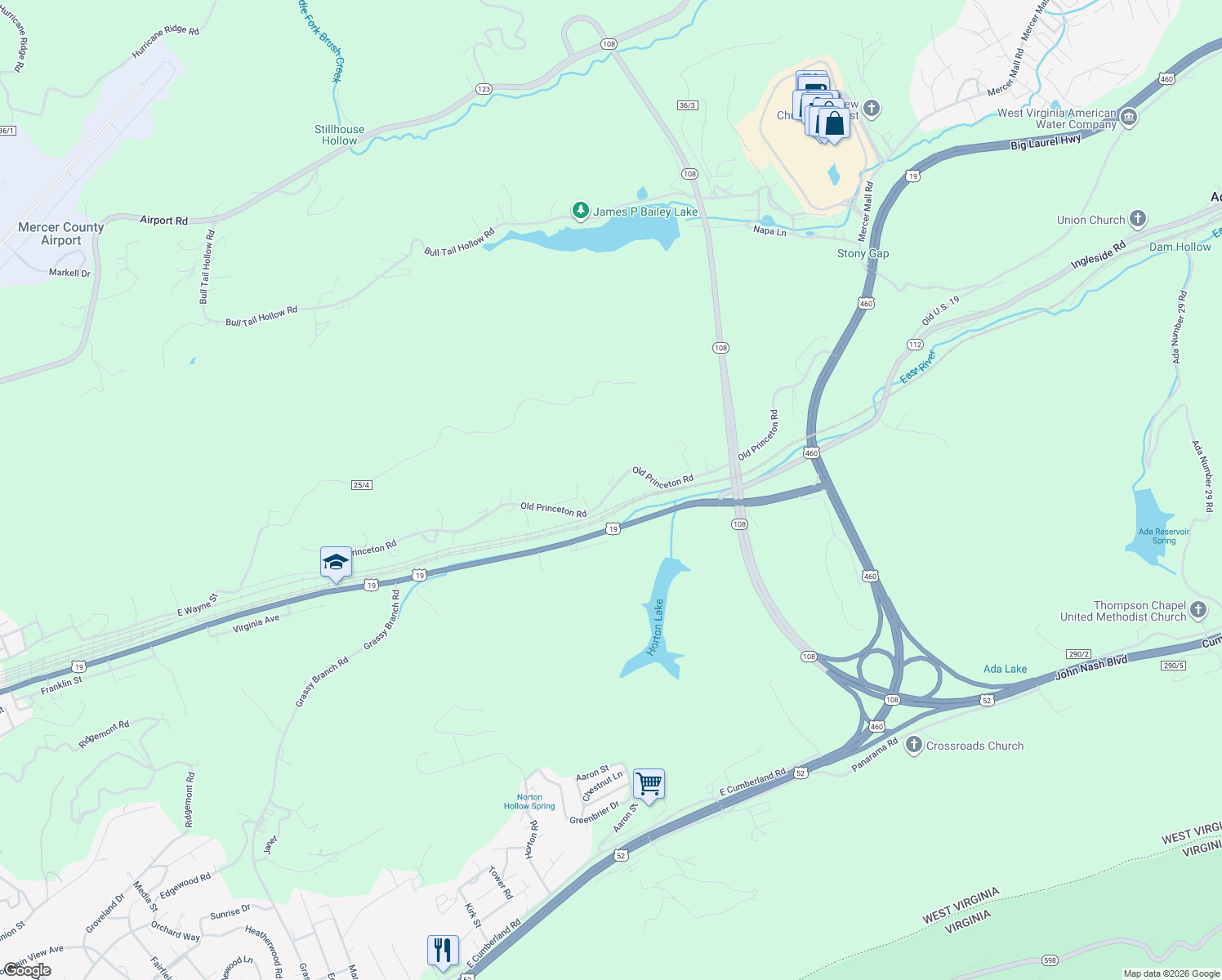 map of restaurants, bars, coffee shops, grocery stores, and more near Old Princeton Road in Bluefield