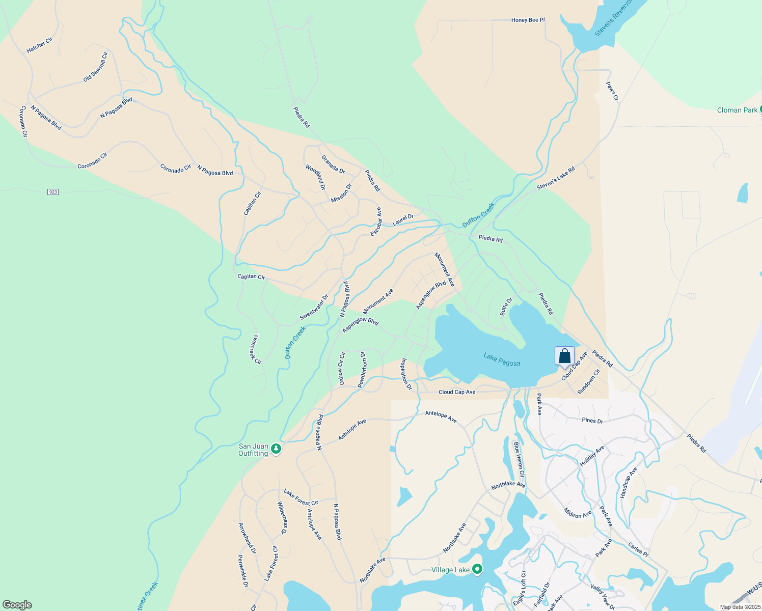 map of restaurants, bars, coffee shops, grocery stores, and more near 8 Monarch Court in Pagosa Springs