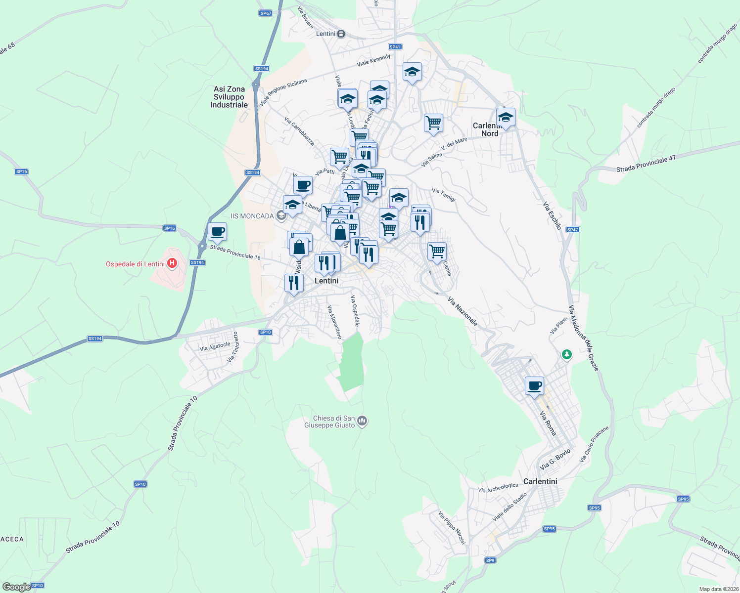 map of restaurants, bars, coffee shops, grocery stores, and more near 119 Via San Francesco D'Assisi in Lentini