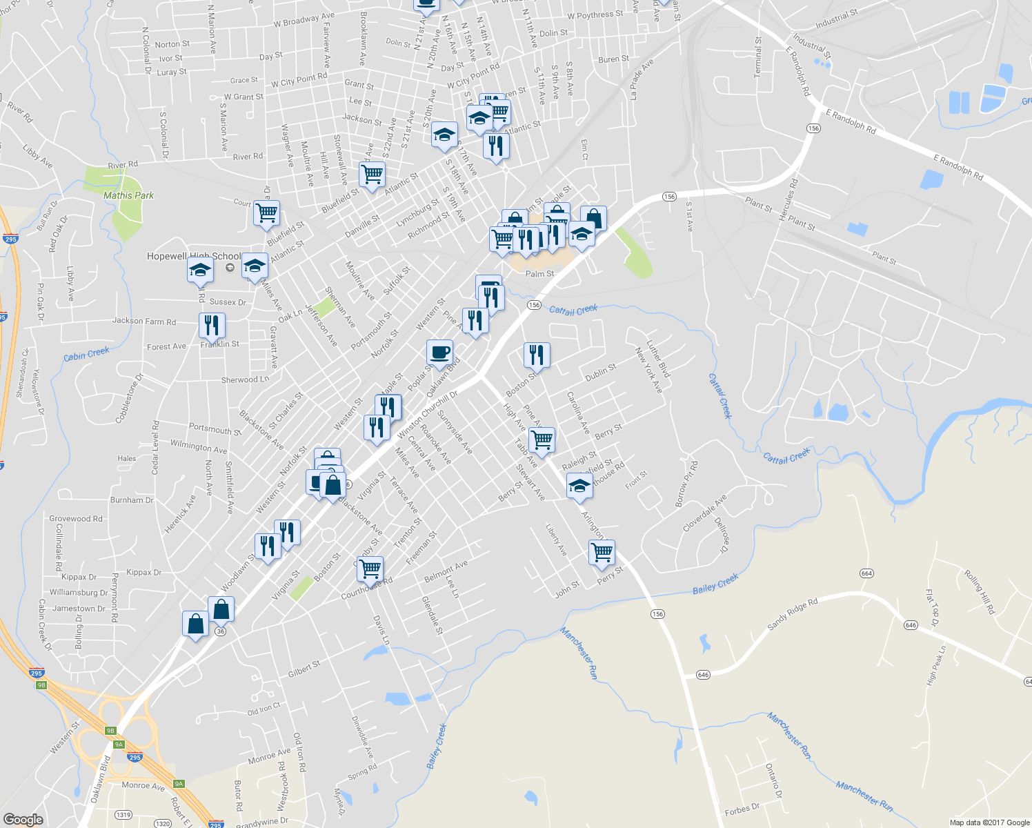 map of restaurants, bars, coffee shops, grocery stores, and more near 1307 High Avenue in Hopewell