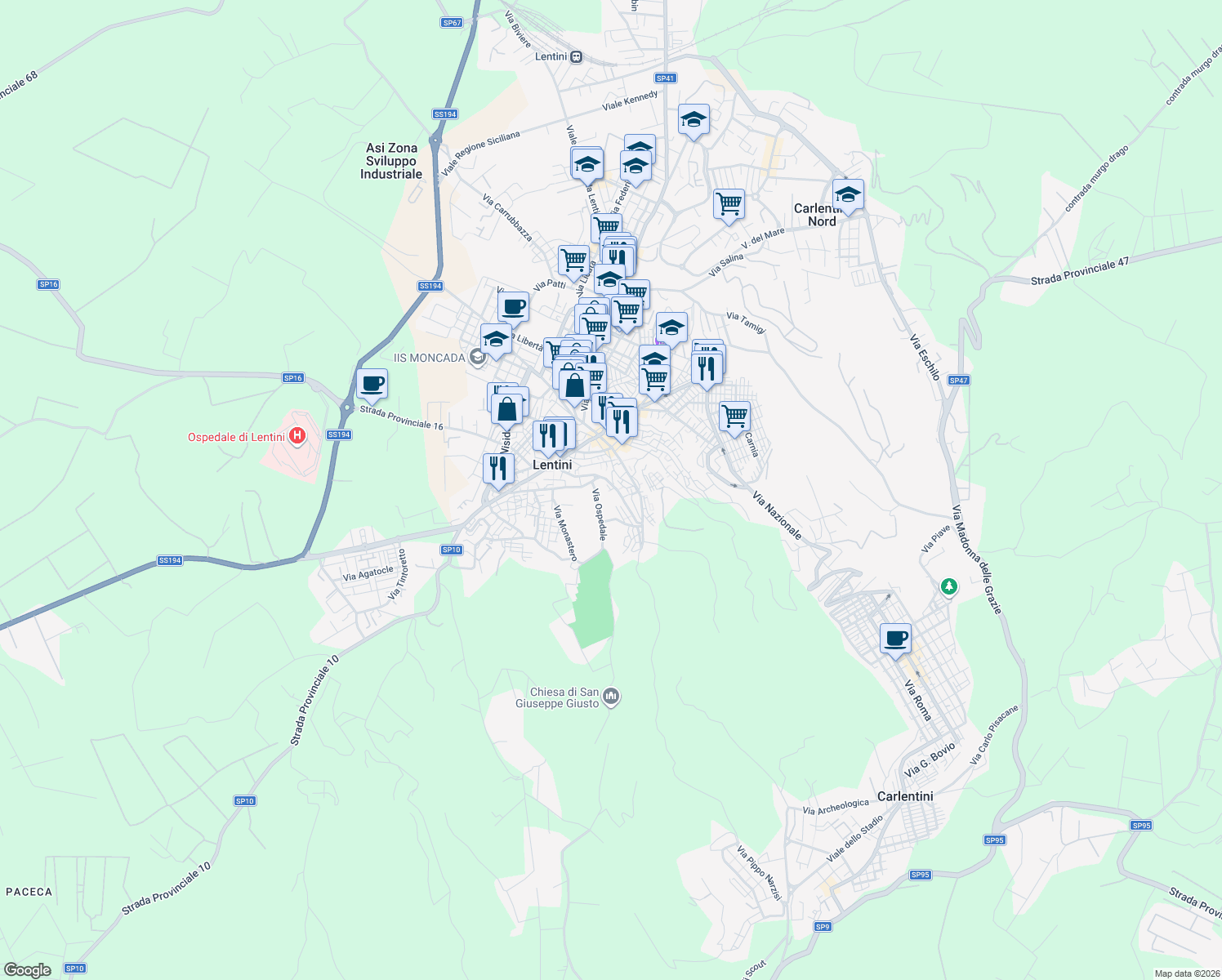 map of restaurants, bars, coffee shops, grocery stores, and more near 119 Via San Francesco D'Assisi in Lentini