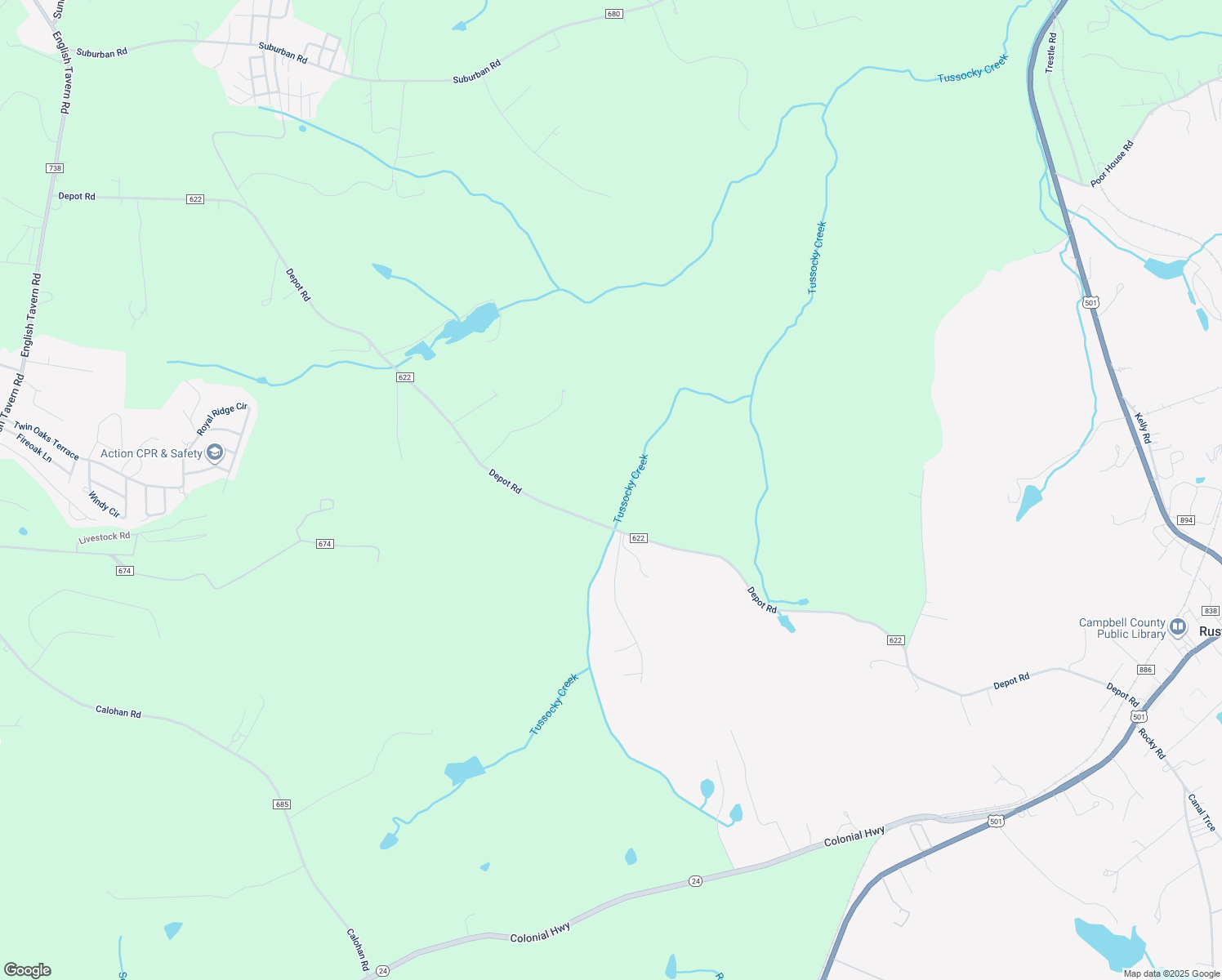 map of restaurants, bars, coffee shops, grocery stores, and more near 1849 Depot Road in Rustburg