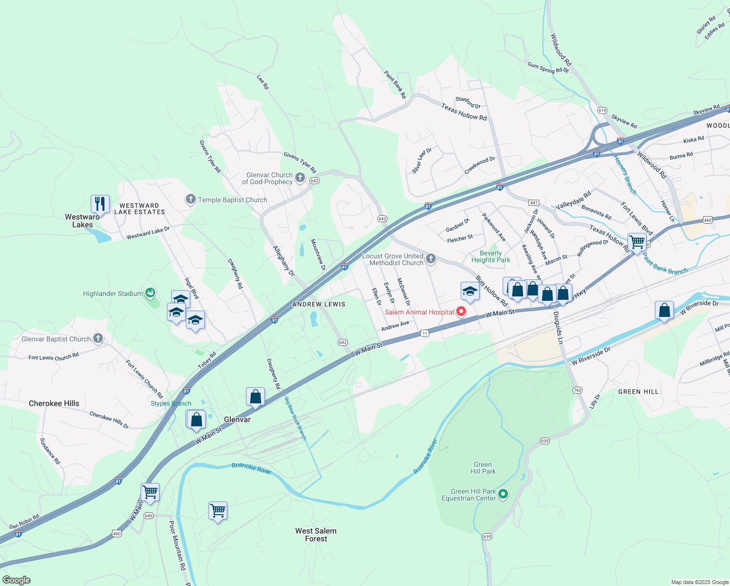 map of restaurants, bars, coffee shops, grocery stores, and more near 3817 Hawley Drive in Salem