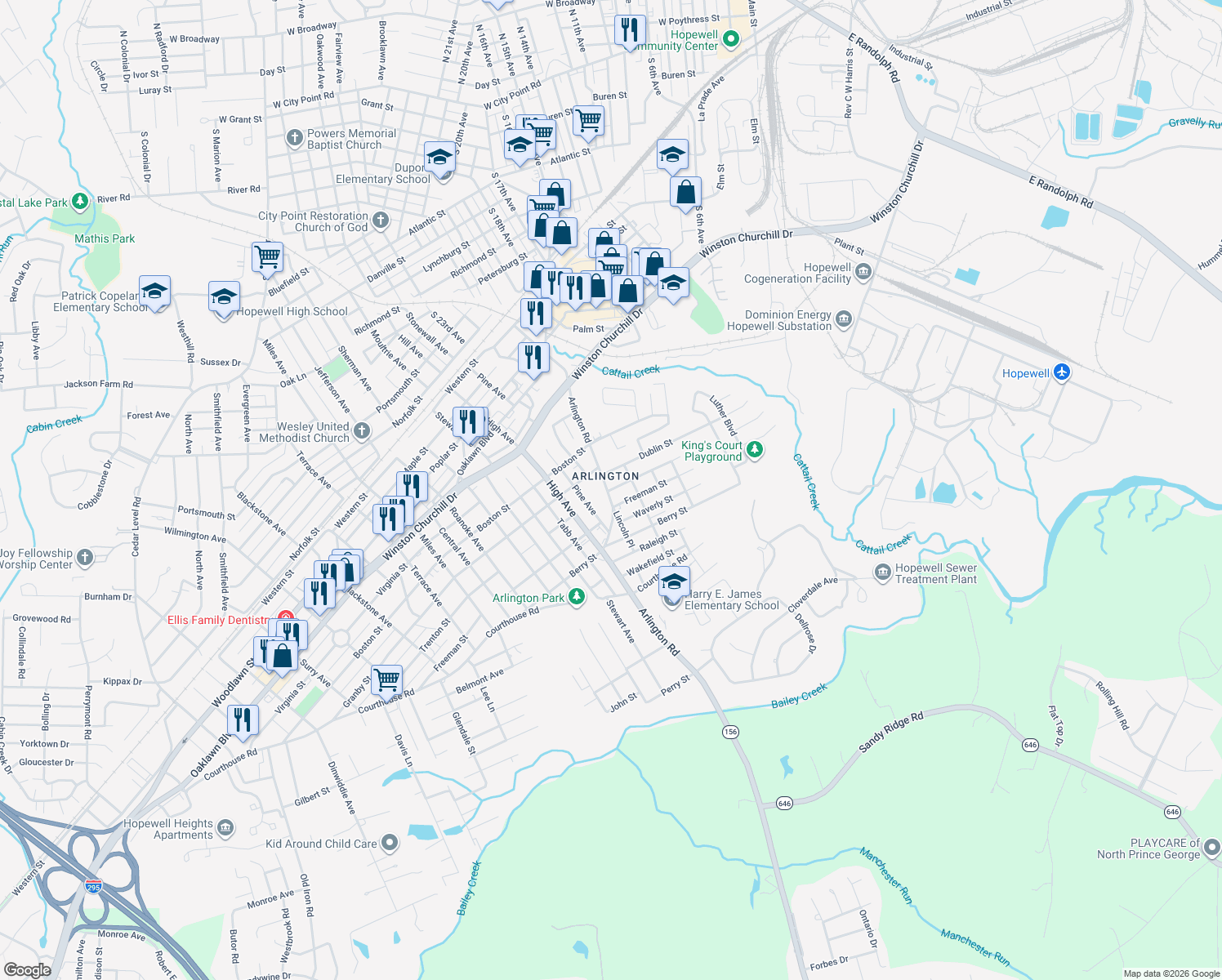 map of restaurants, bars, coffee shops, grocery stores, and more near 1403 Arlington Road in Hopewell