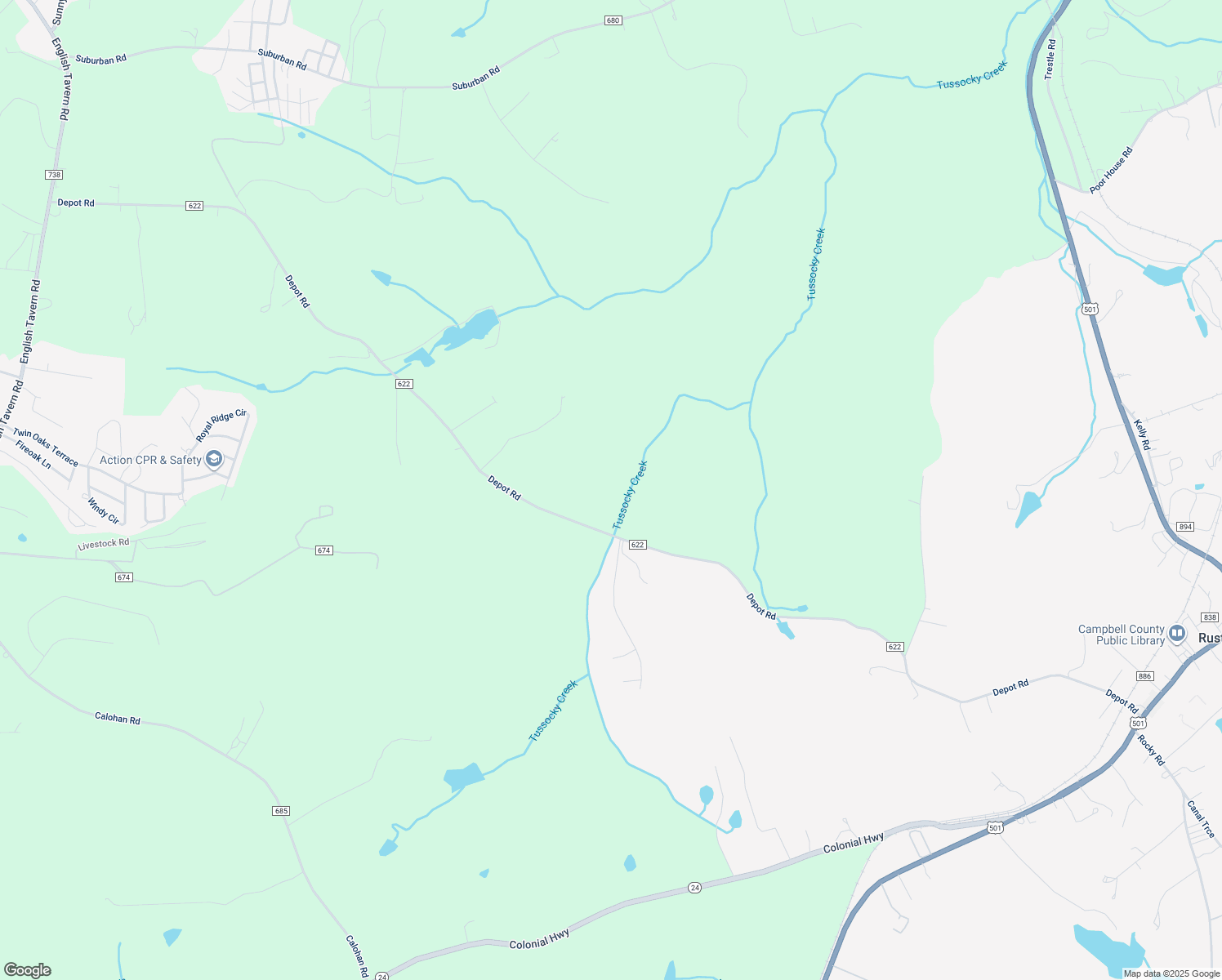 map of restaurants, bars, coffee shops, grocery stores, and more near 1849 Depot Road in Rustburg