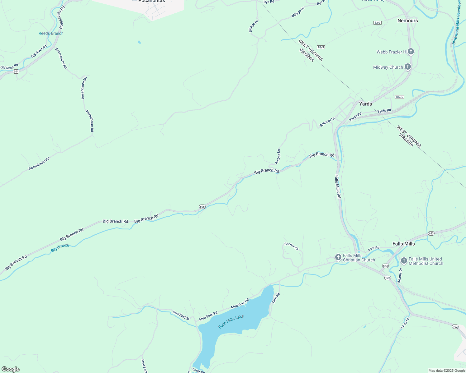 map of restaurants, bars, coffee shops, grocery stores, and more near State Route 696 in Bluefield