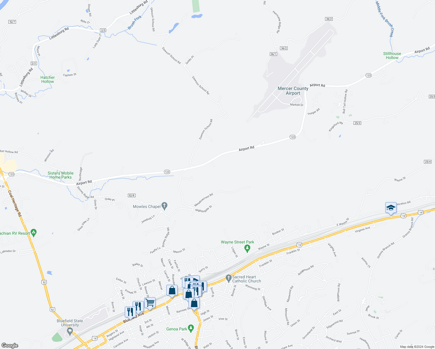 map of restaurants, bars, coffee shops, grocery stores, and more near 4727 Airport Road in Bluefield
