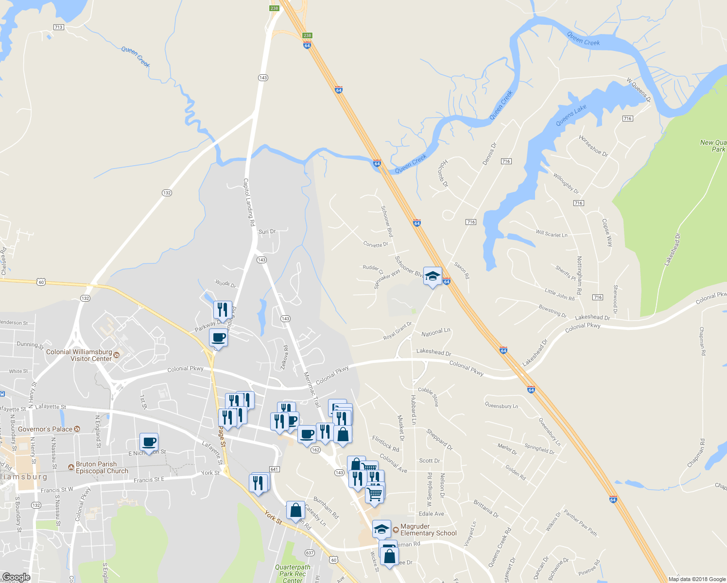 map of restaurants, bars, coffee shops, grocery stores, and more near 106 Yardarm Court in Williamsburg