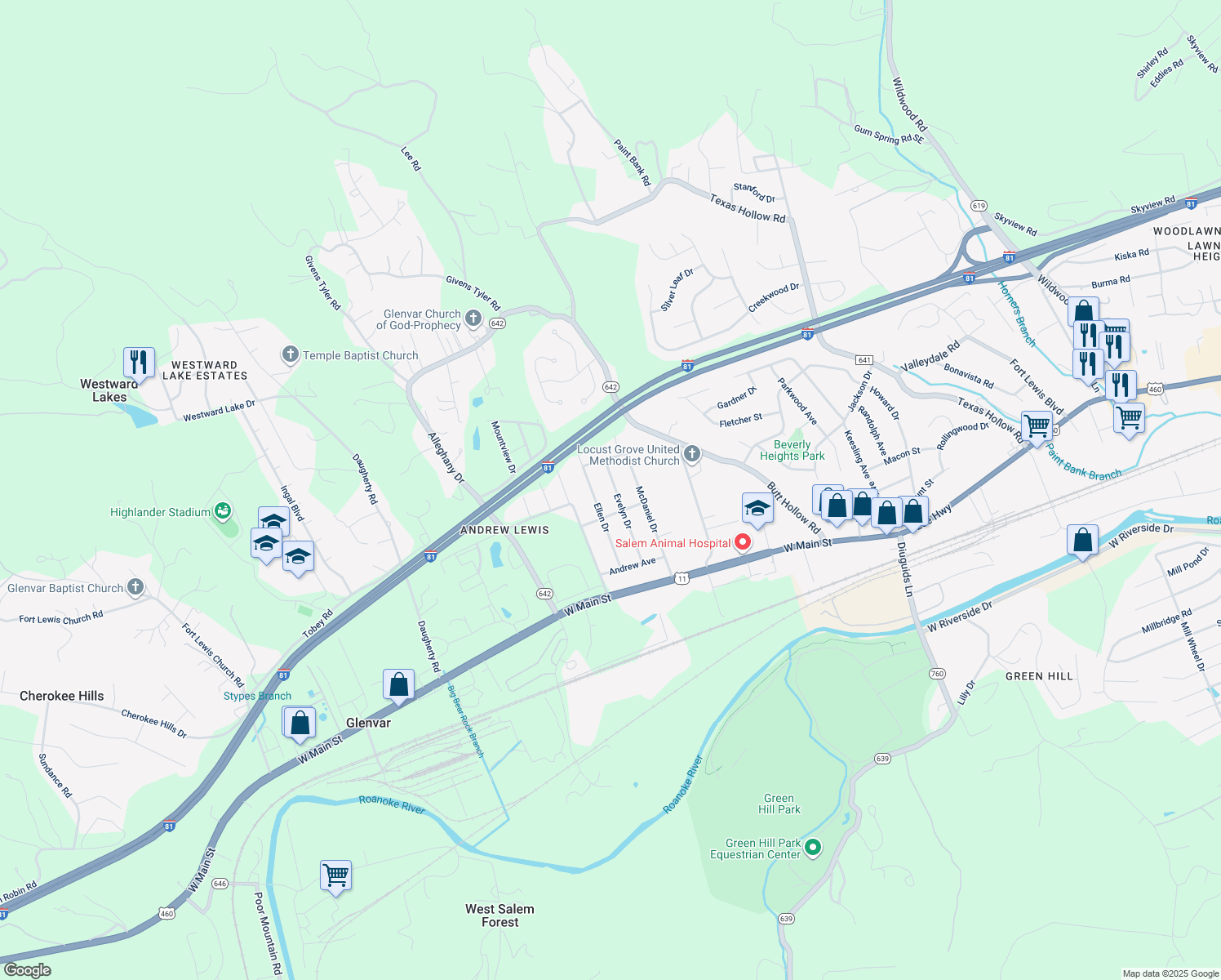 map of restaurants, bars, coffee shops, grocery stores, and more near 3628 Evelyn Drive in Salem