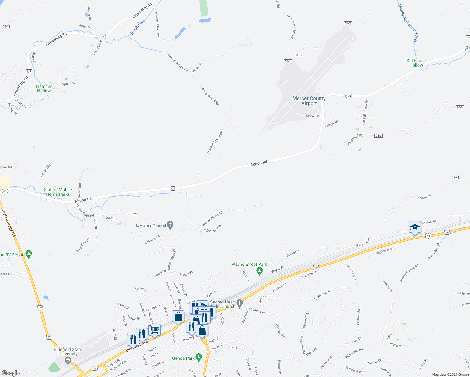 map of restaurants, bars, coffee shops, grocery stores, and more near 4727 Airport Road in Bluefield