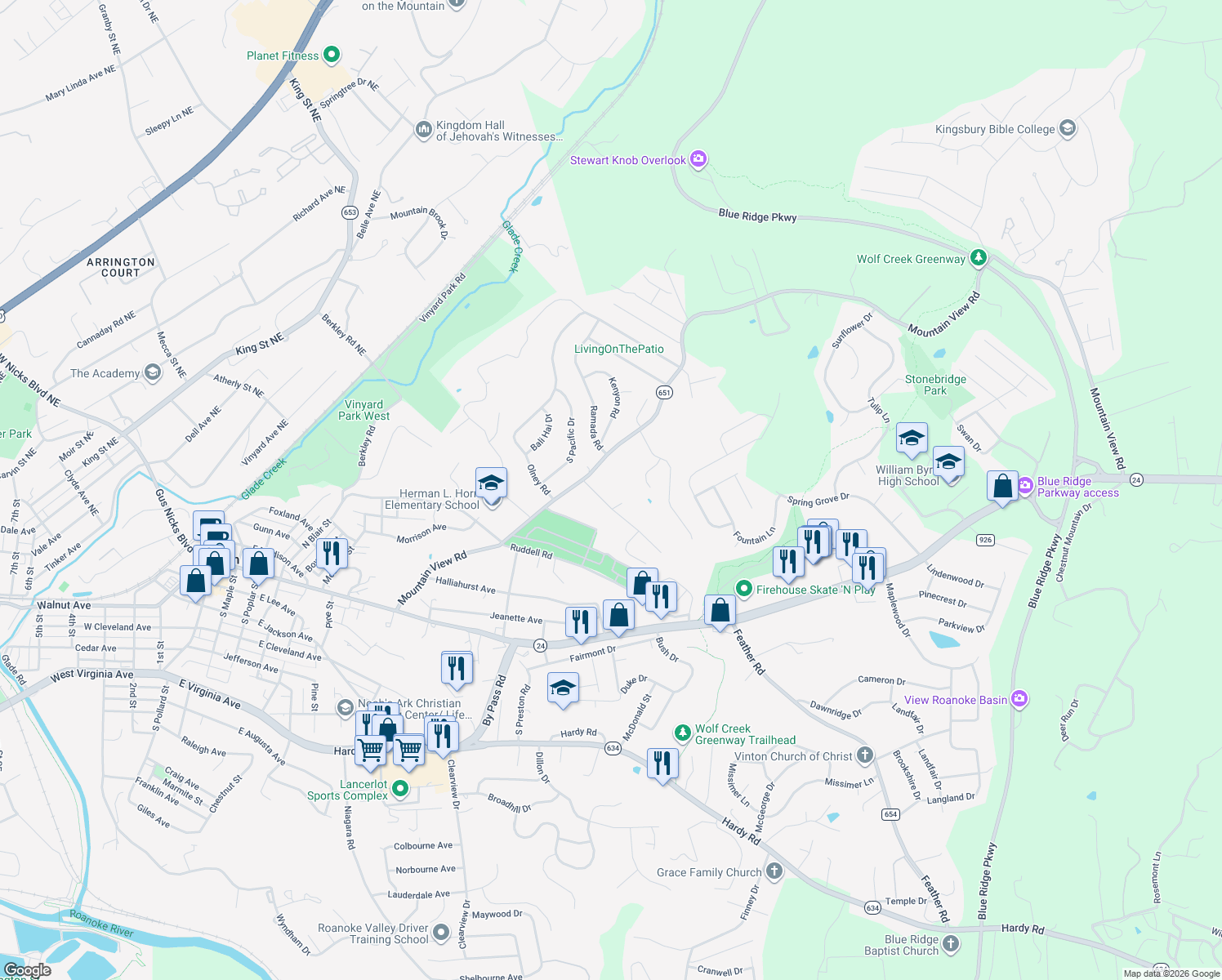 map of restaurants, bars, coffee shops, grocery stores, and more near 1604 Callie Ct in Vinton