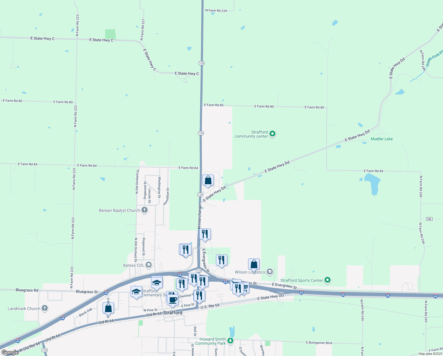 map of restaurants, bars, coffee shops, grocery stores, and more near 708 N Ivy Ln in Strafford