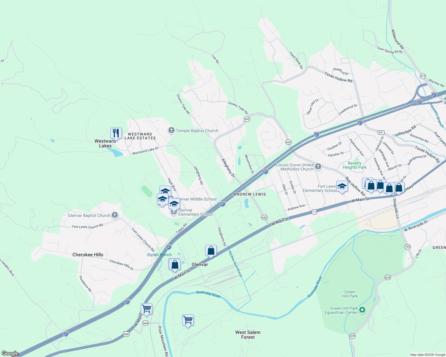 map of restaurants, bars, coffee shops, grocery stores, and more near 3936 Alleghany Dr in Salem