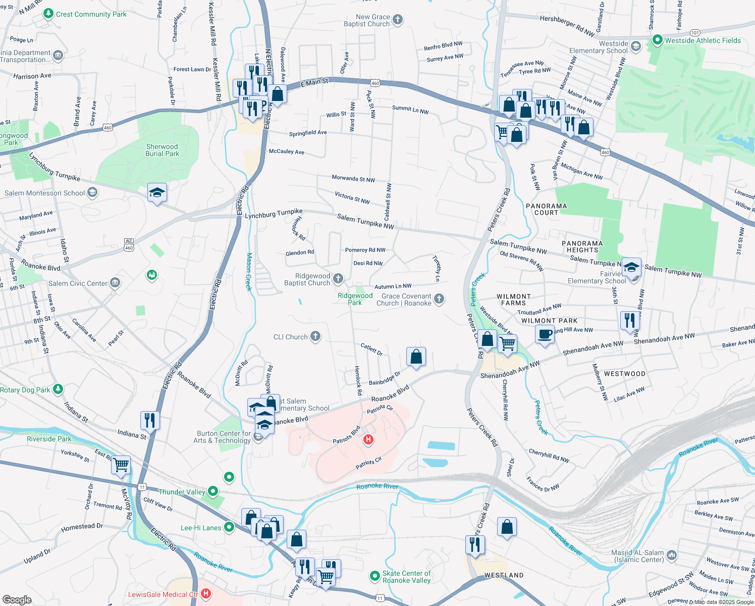 map of restaurants, bars, coffee shops, grocery stores, and more near 4841 Oak Rd NW in Roanoke