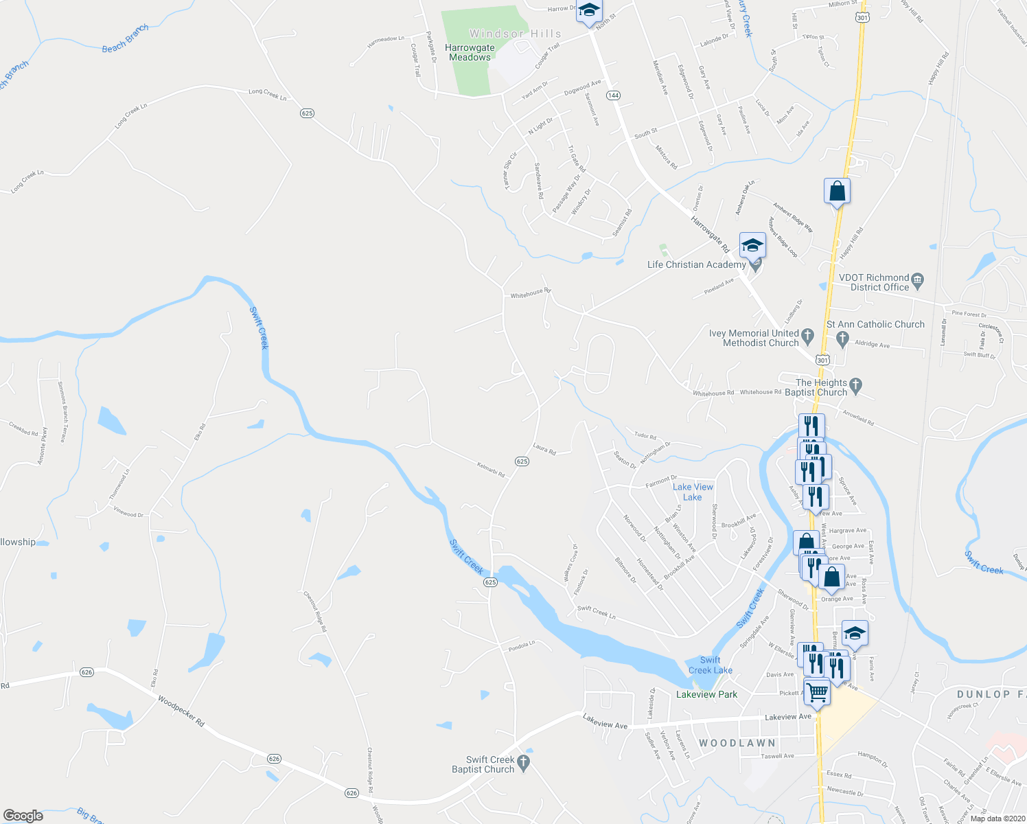 map of restaurants, bars, coffee shops, grocery stores, and more near 17240 Branders Bridge Road in Colonial Heights