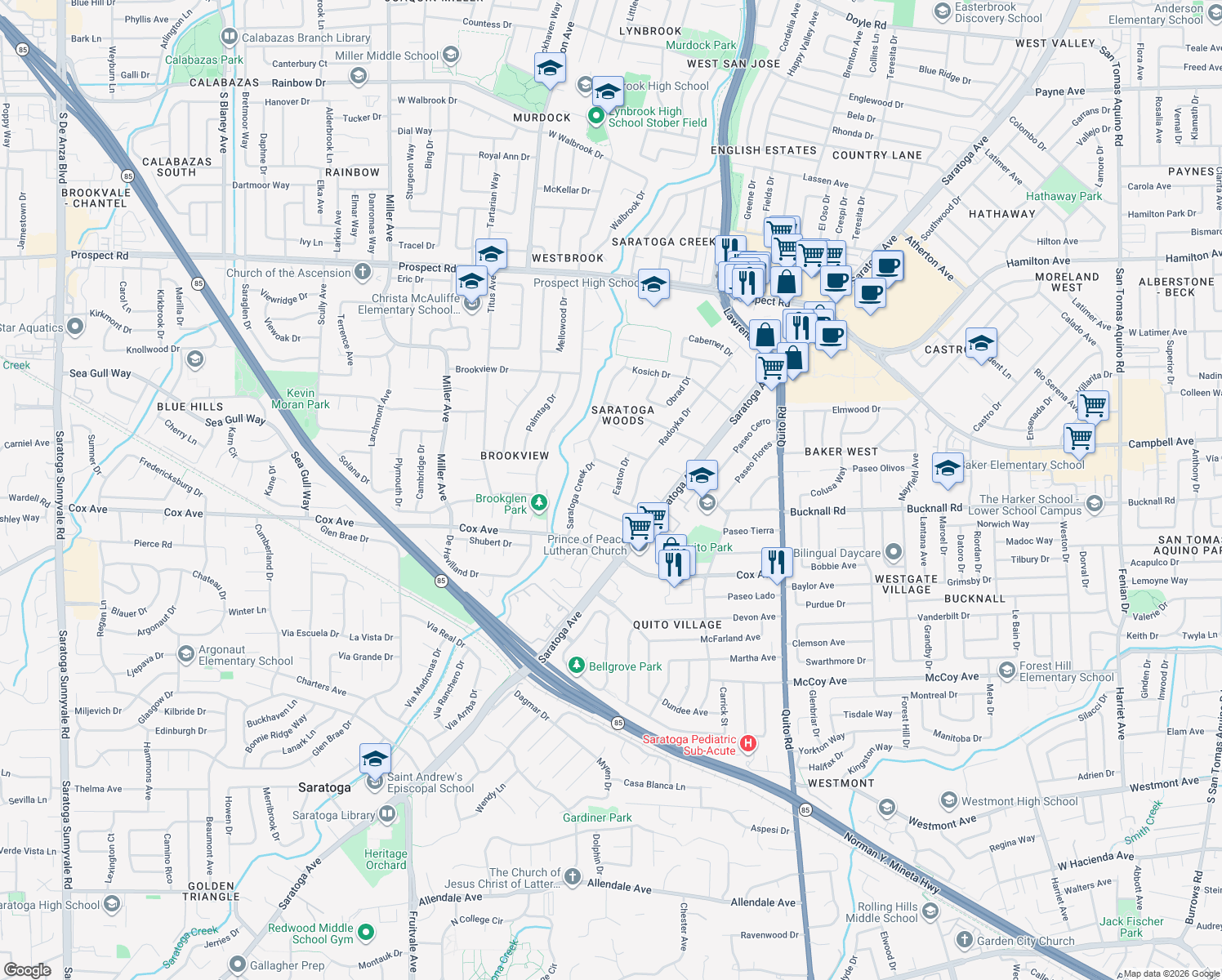 map of restaurants, bars, coffee shops, grocery stores, and more near 18920 Easton Place in Saratoga