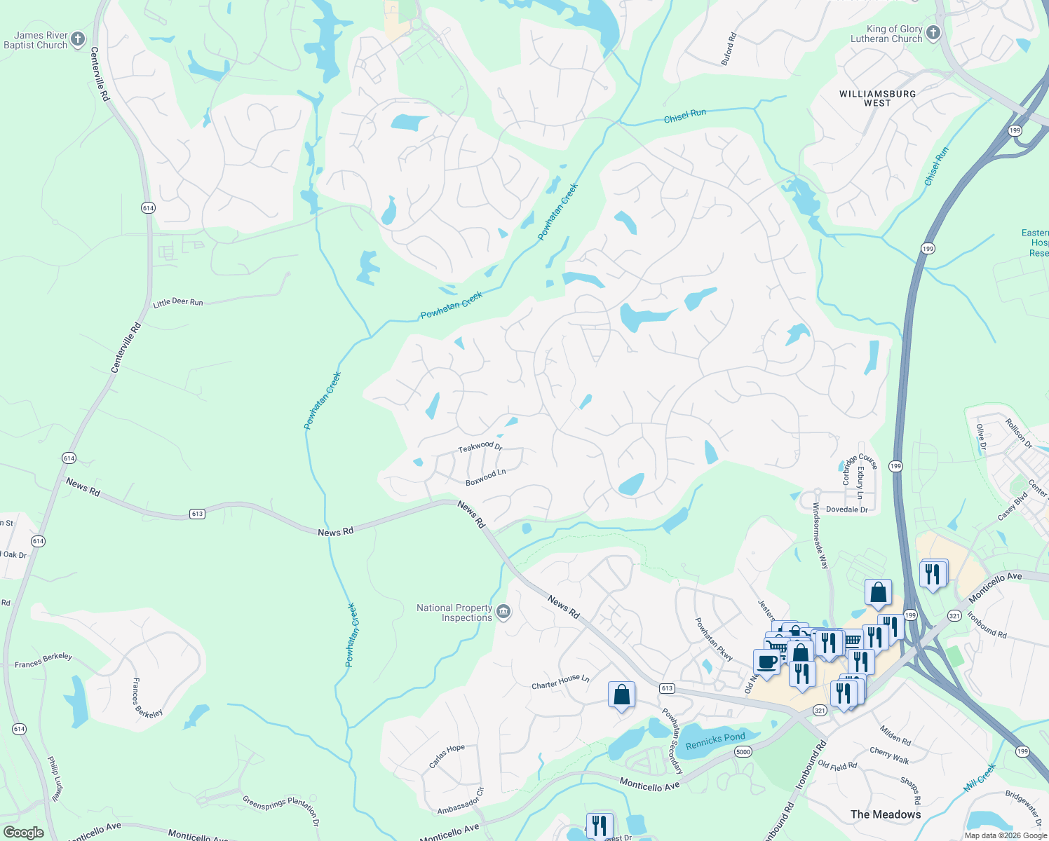 map of restaurants, bars, coffee shops, grocery stores, and more near 105 Western Gailes in Williamsburg
