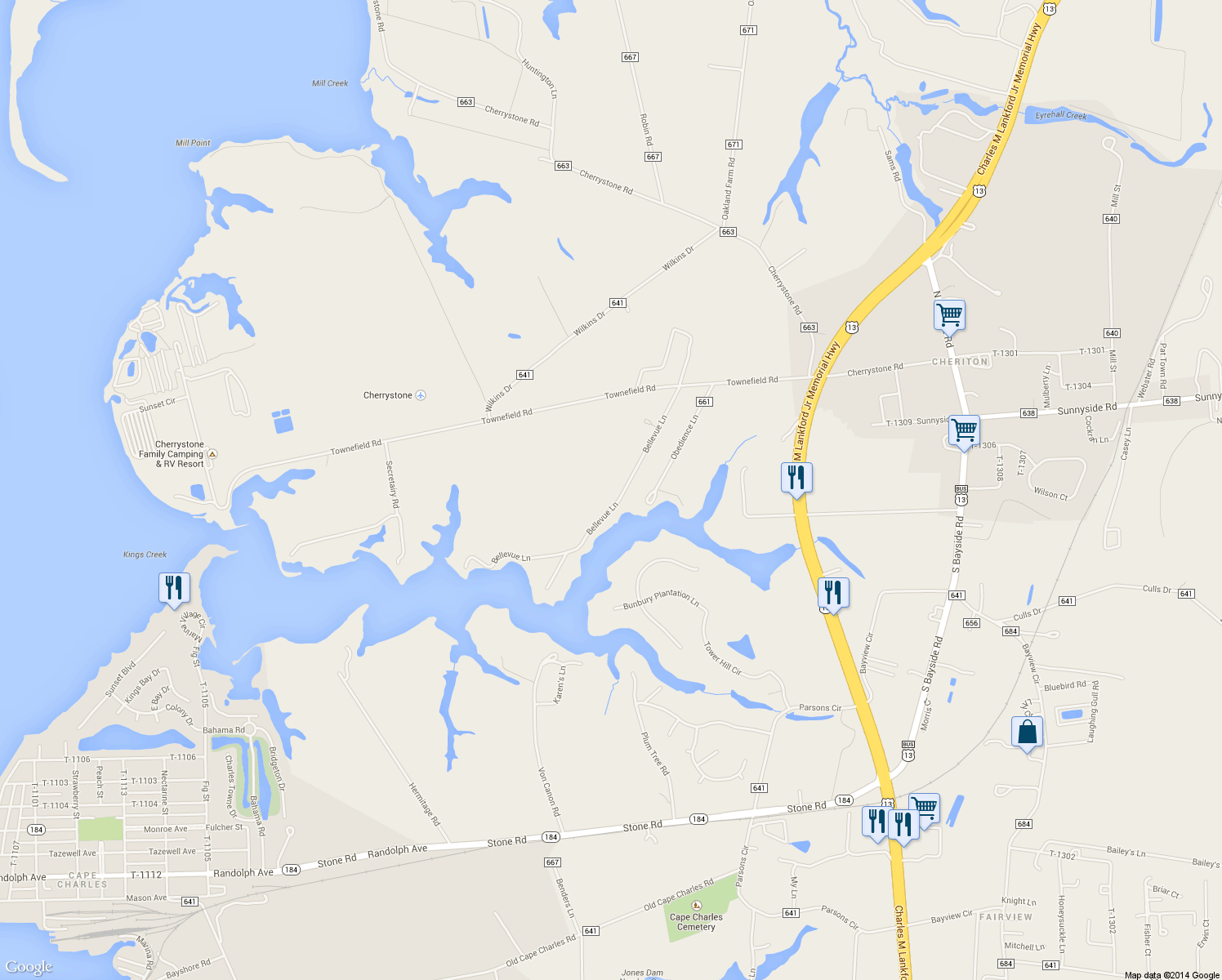 map of restaurants, bars, coffee shops, grocery stores, and more near 21438 Bellevue Lane in Cape Charles