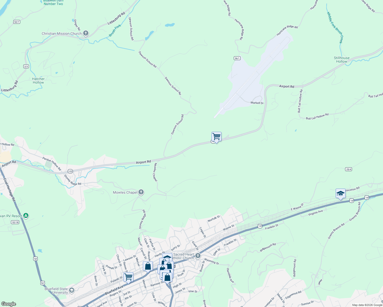 map of restaurants, bars, coffee shops, grocery stores, and more near 222 Airport Road in Bluefield