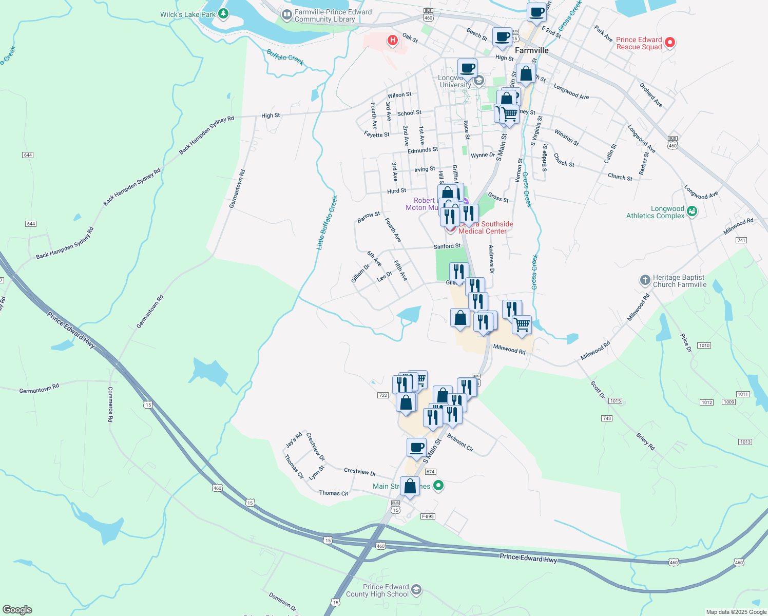 map of restaurants, bars, coffee shops, grocery stores, and more near 1411 Gilliam Drive in Farmville