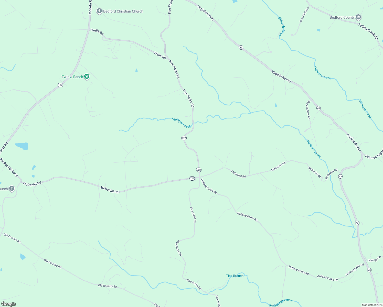 map of restaurants, bars, coffee shops, grocery stores, and more near 2699 Five Forks Road in Bedford