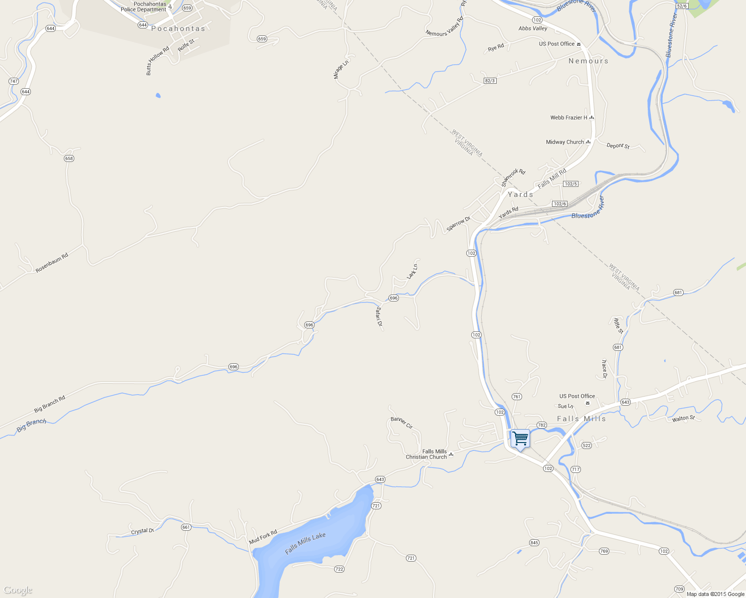 map of restaurants, bars, coffee shops, grocery stores, and more near State Route 696 in Falls Mills