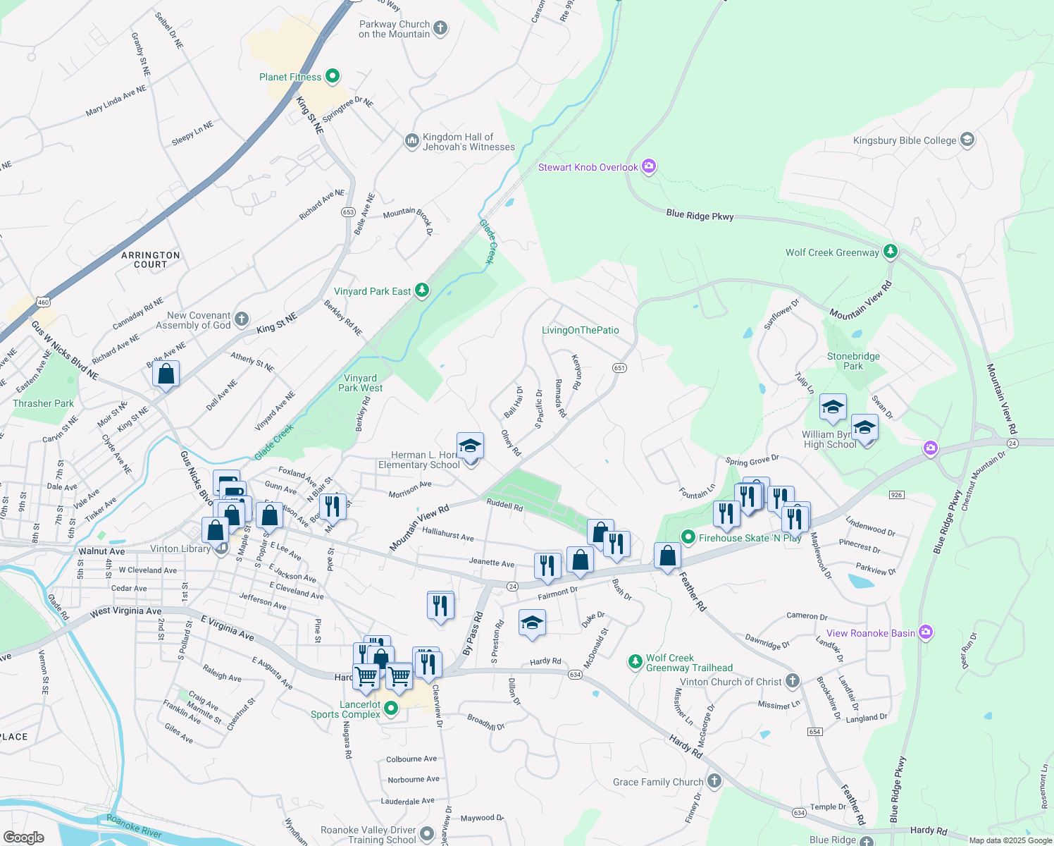 map of restaurants, bars, coffee shops, grocery stores, and more near 1536 South Pacific Drive in Vinton