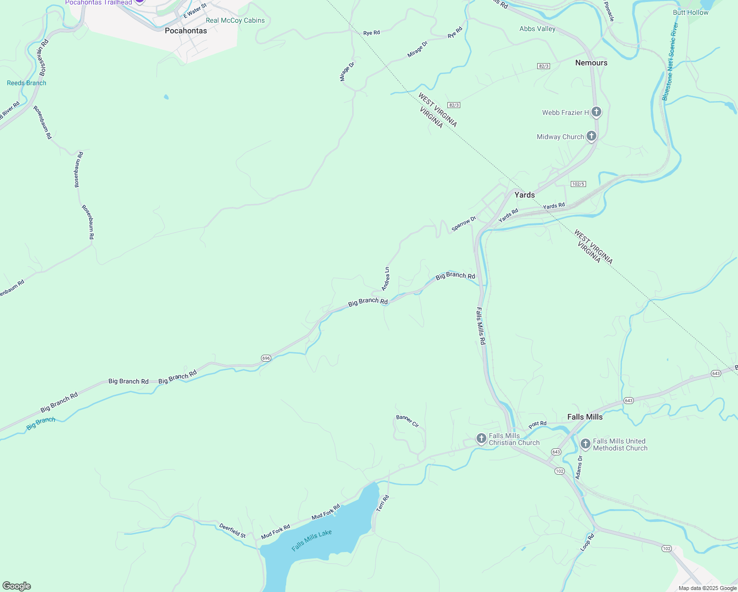 map of restaurants, bars, coffee shops, grocery stores, and more near Big Branch Road in Bluefield