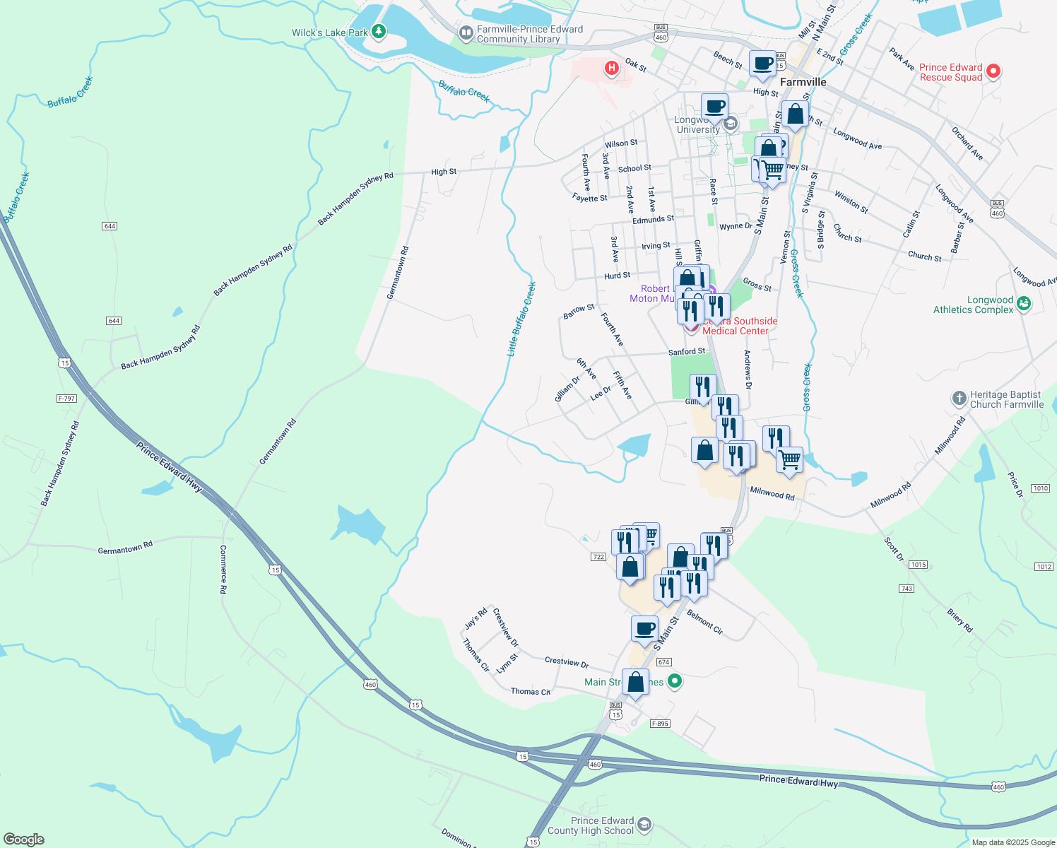 map of restaurants, bars, coffee shops, grocery stores, and more near 104 Russell's Way in Farmville