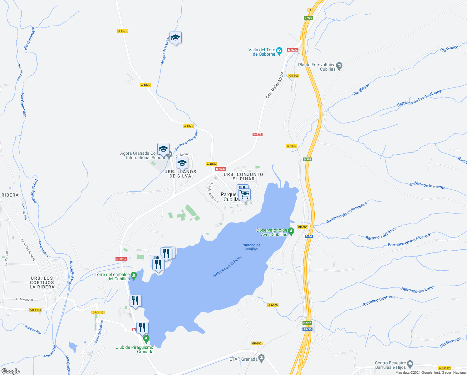 map of restaurants, bars, coffee shops, grocery stores, and more near in Parque del Cubillas