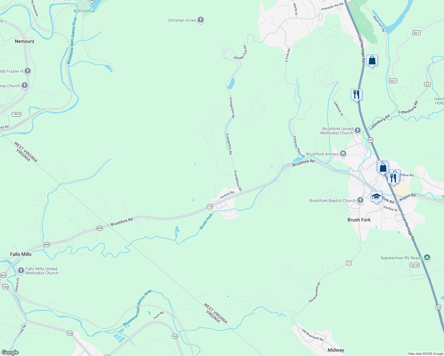 map of restaurants, bars, coffee shops, grocery stores, and more near 223 Greenwood Road in Bluefield