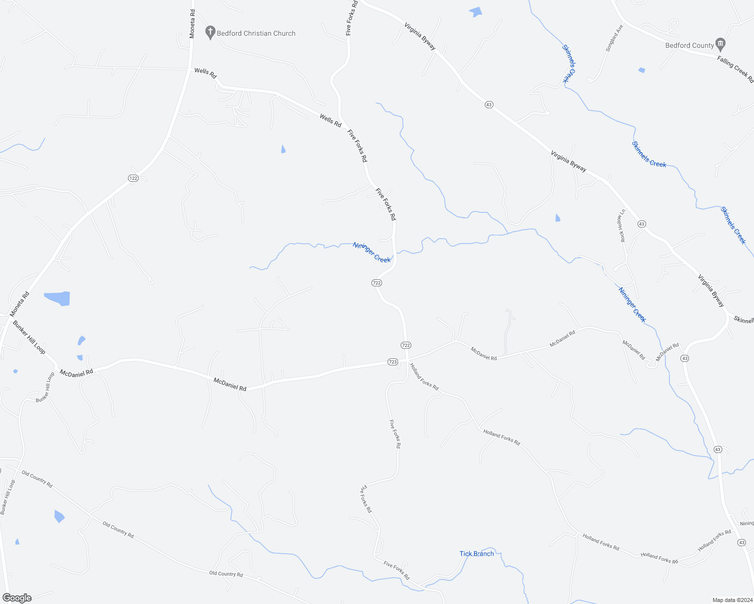 map of restaurants, bars, coffee shops, grocery stores, and more near 2699 Five Forks Road in Bedford