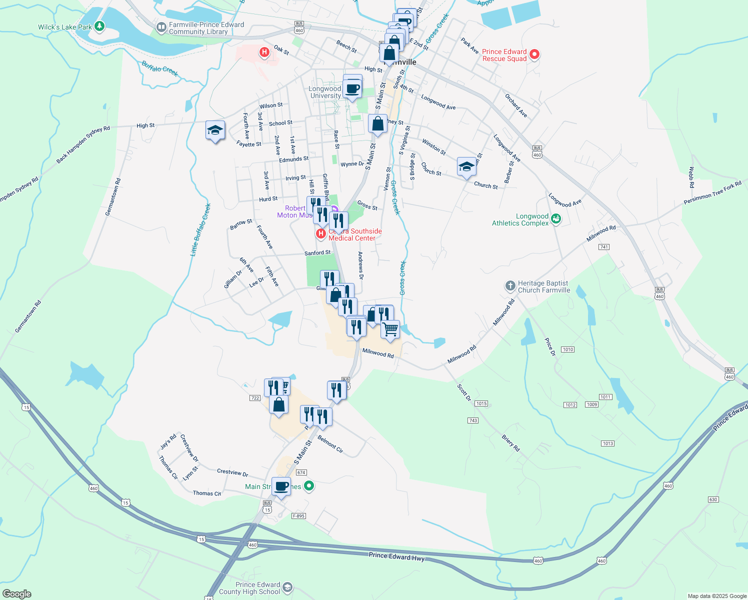 map of restaurants, bars, coffee shops, grocery stores, and more near Spottswood Drive in Farmville