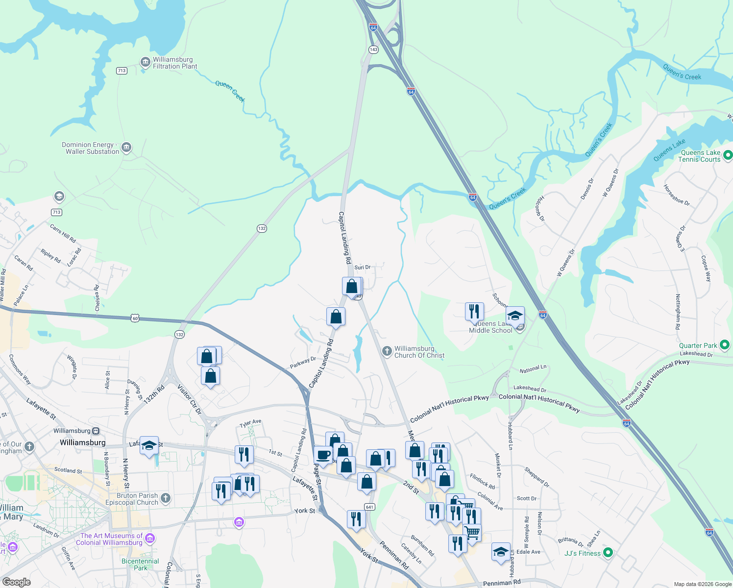map of restaurants, bars, coffee shops, grocery stores, and more near 505 Shaindel Drive in Williamsburg