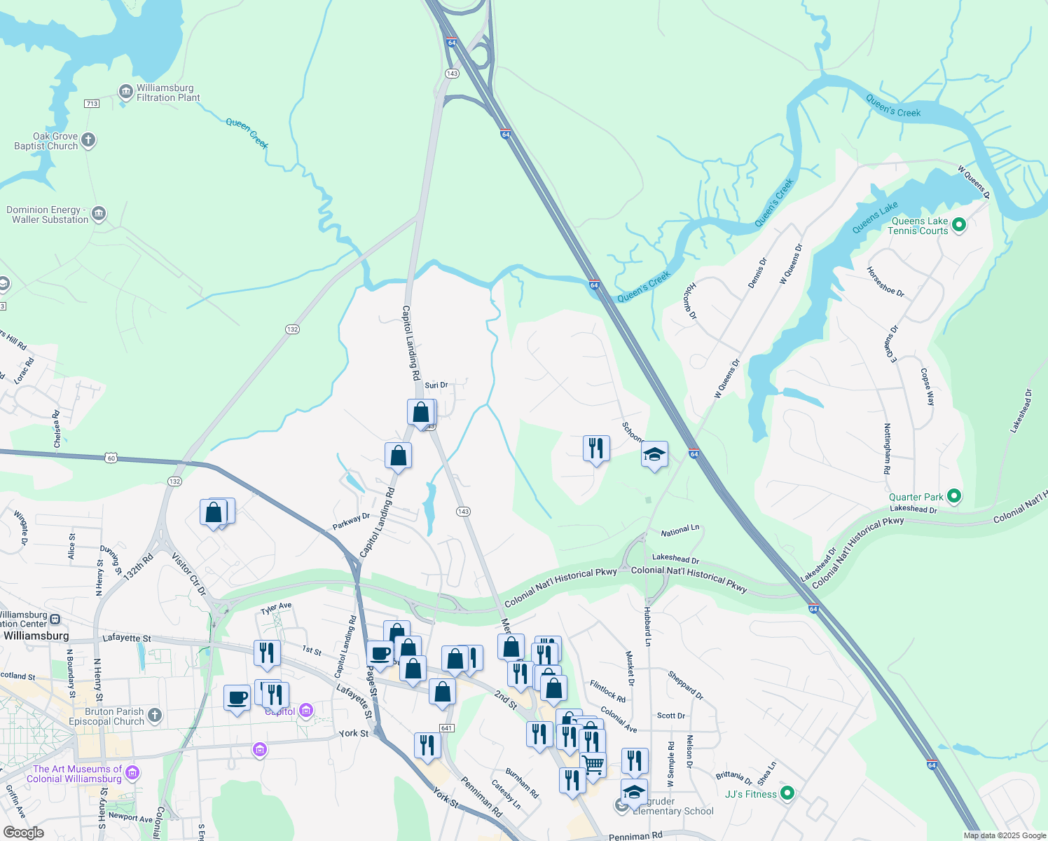 map of restaurants, bars, coffee shops, grocery stores, and more near 122 Merchant Man Court in Williamsburg