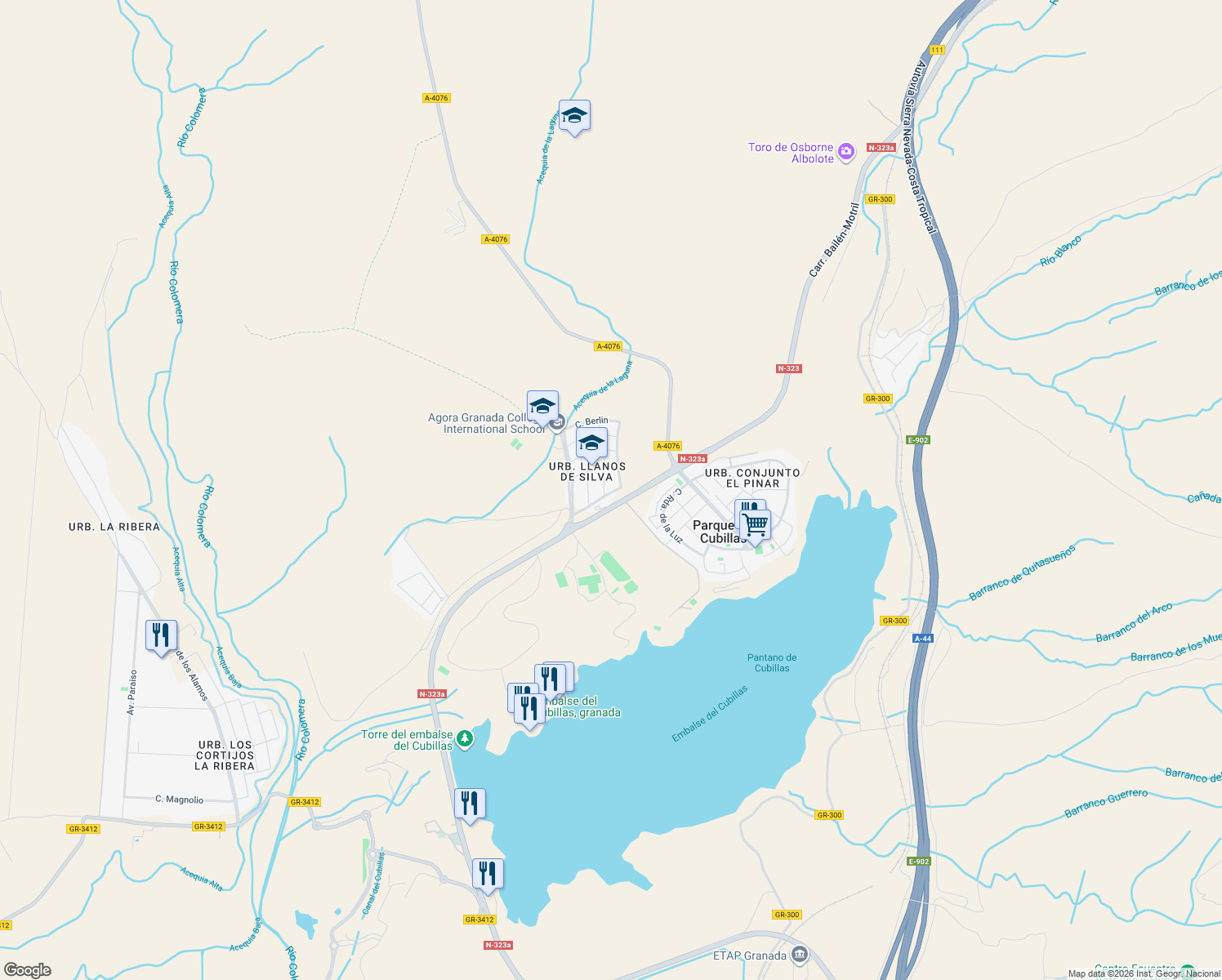 map of restaurants, bars, coffee shops, grocery stores, and more near 1-13 Calle Londres in Atarfe