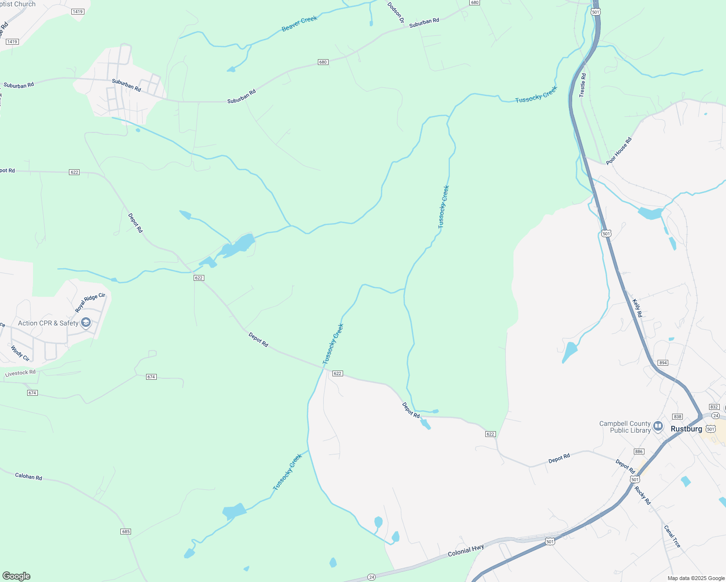 map of restaurants, bars, coffee shops, grocery stores, and more near 2091 Depot Road in Rustburg