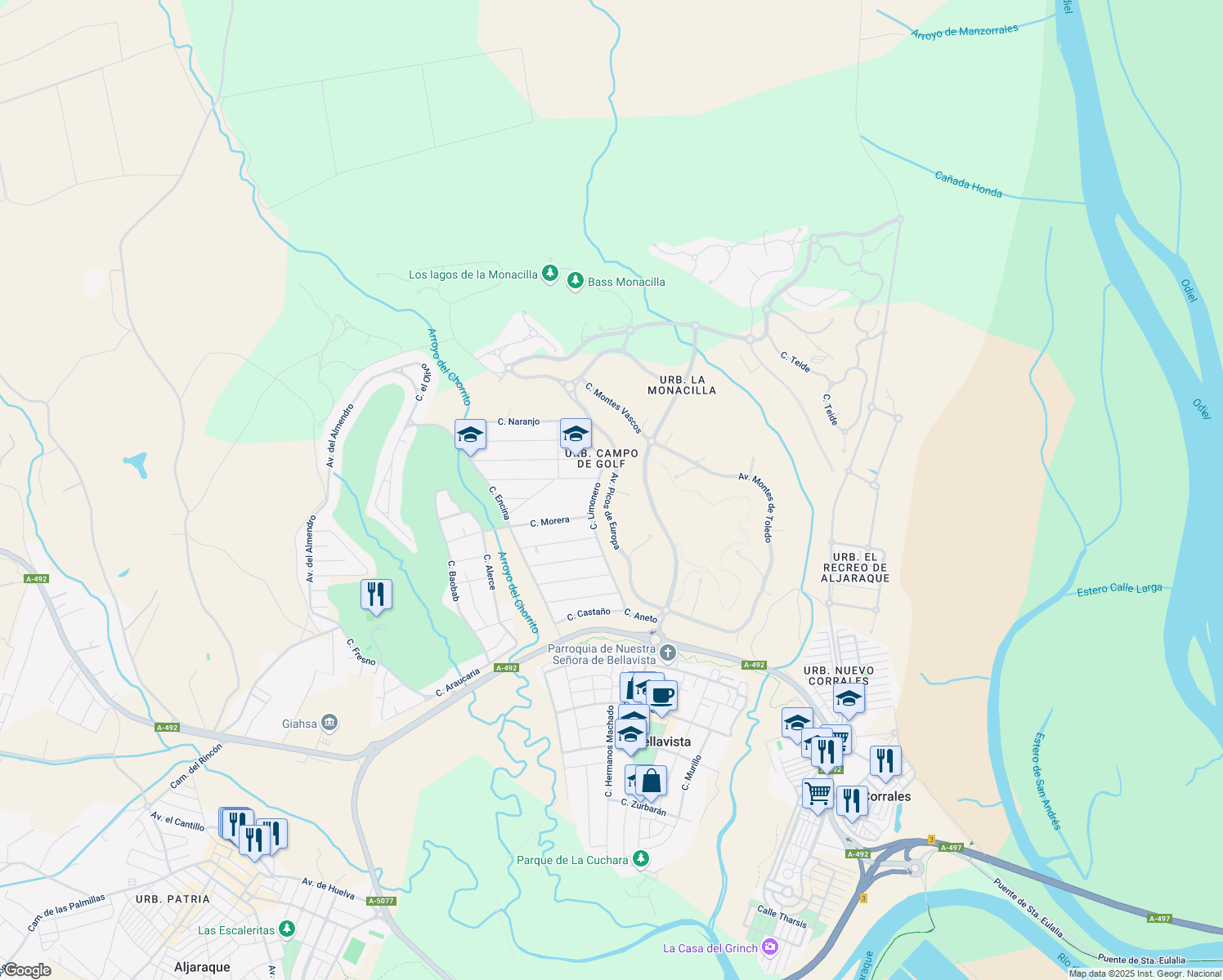 map of restaurants, bars, coffee shops, grocery stores, and more near 77 Avenida Picos de Europa in Aljaraque