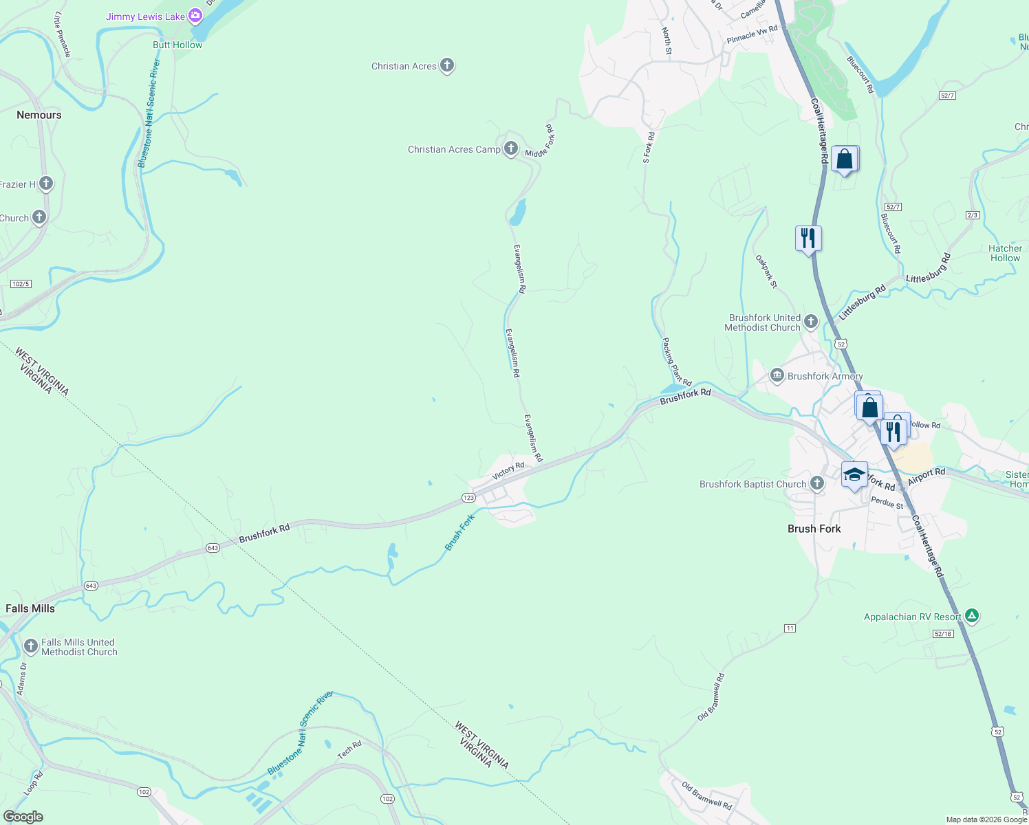 map of restaurants, bars, coffee shops, grocery stores, and more near 154 Greenwood Road in Bluefield