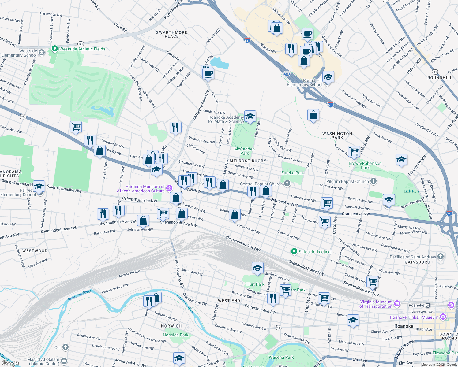 map of restaurants, bars, coffee shops, grocery stores, and more near 2016 Hanover Ave NW in Roanoke