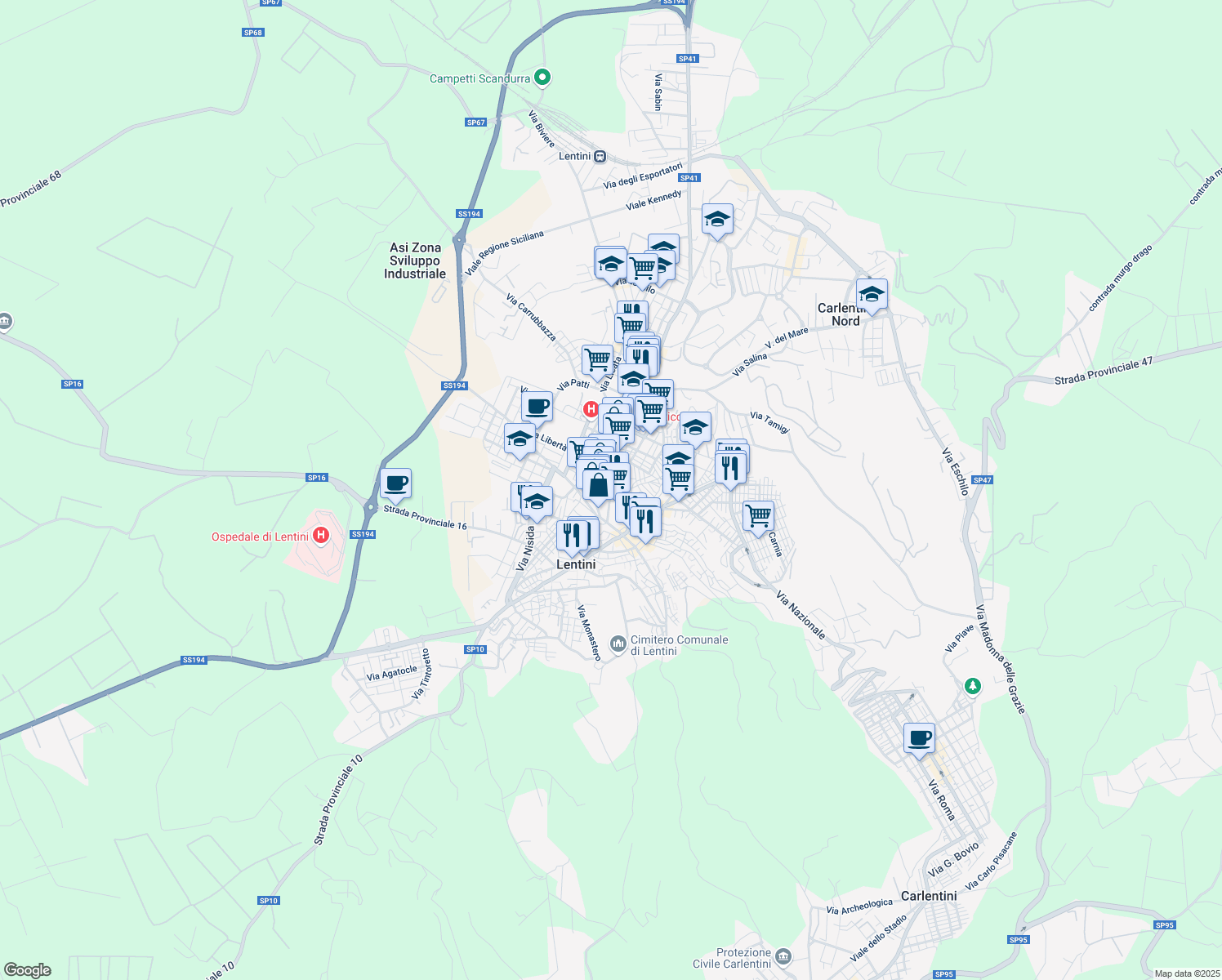 map of restaurants, bars, coffee shops, grocery stores, and more near 127 Via Murganzio in Lentini