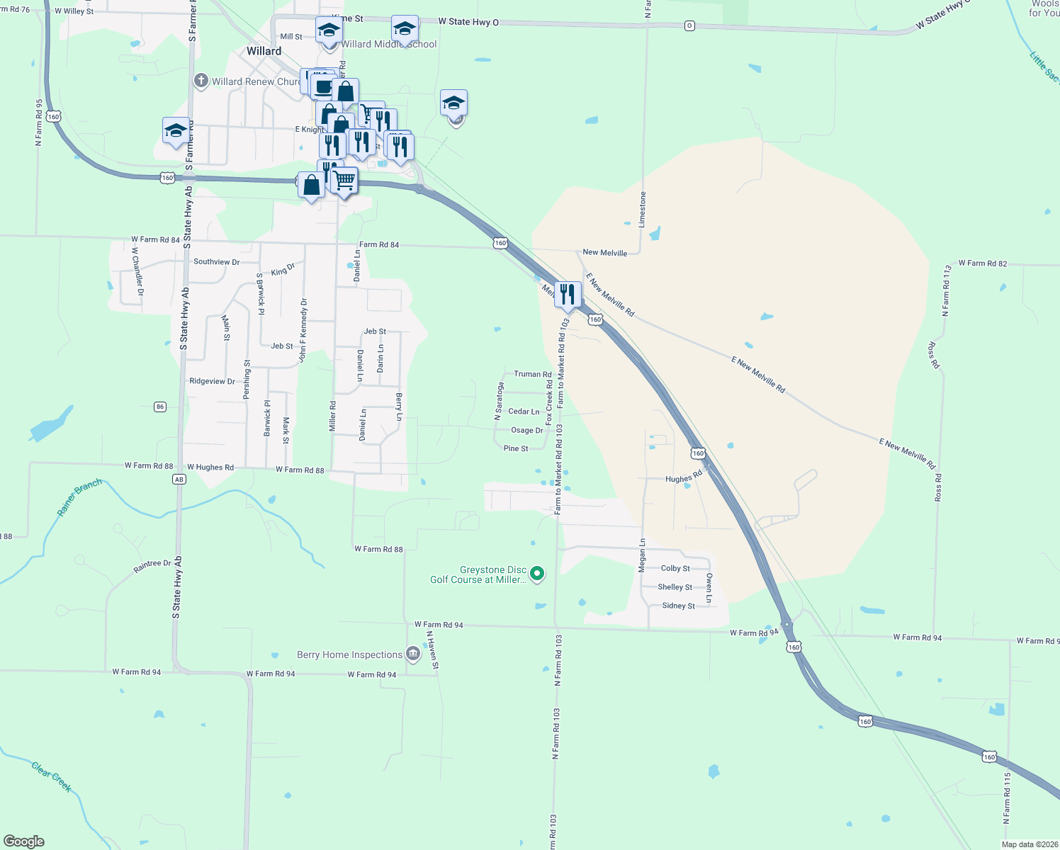 map of restaurants, bars, coffee shops, grocery stores, and more near 513 Osage Rd in Willard