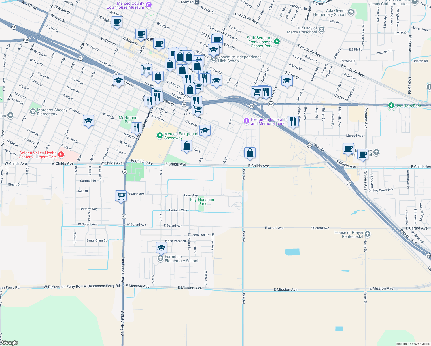 map of restaurants, bars, coffee shops, grocery stores, and more near 424 East Childs Avenue in Merced