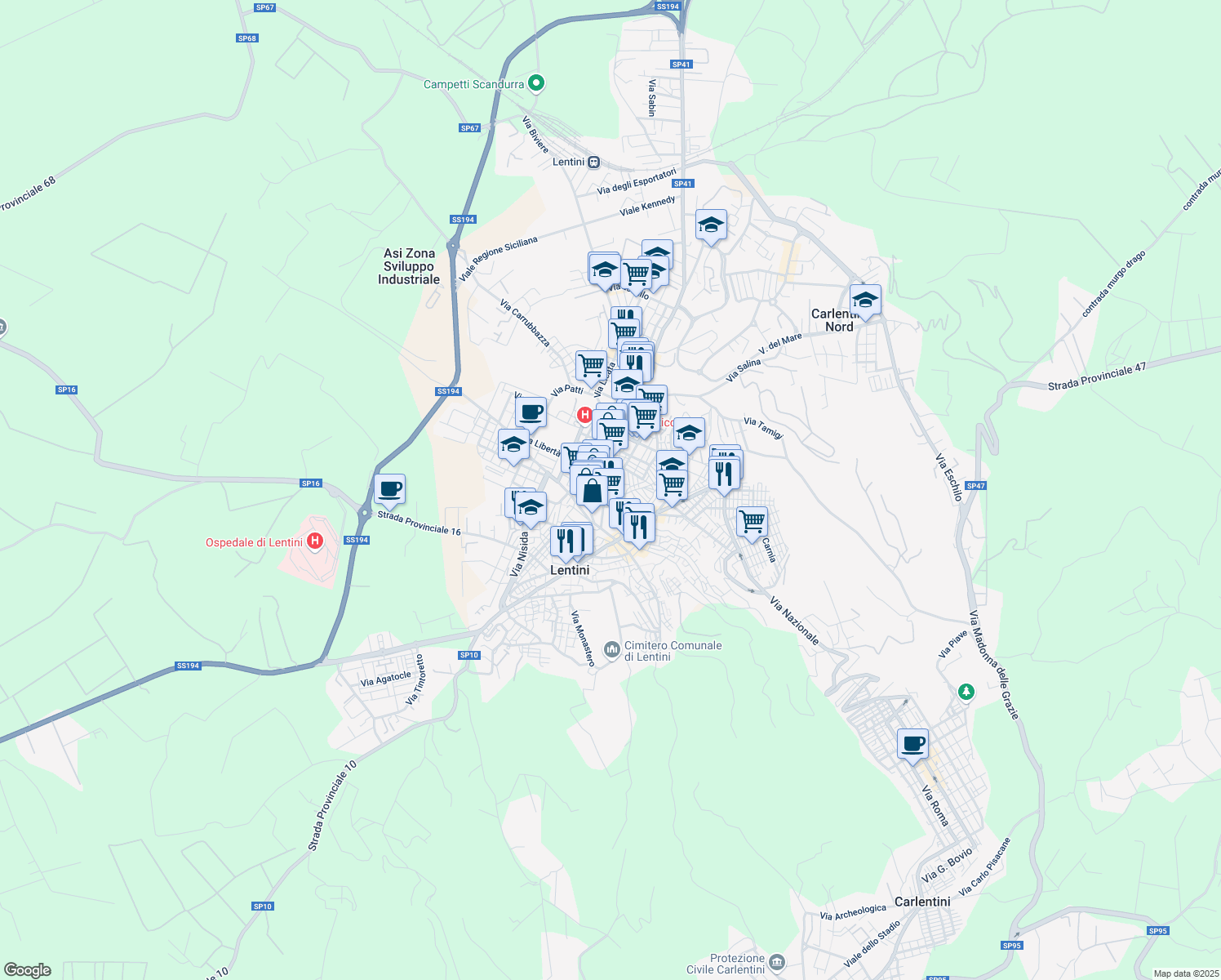 map of restaurants, bars, coffee shops, grocery stores, and more near 127 Via Murganzio in Lentini