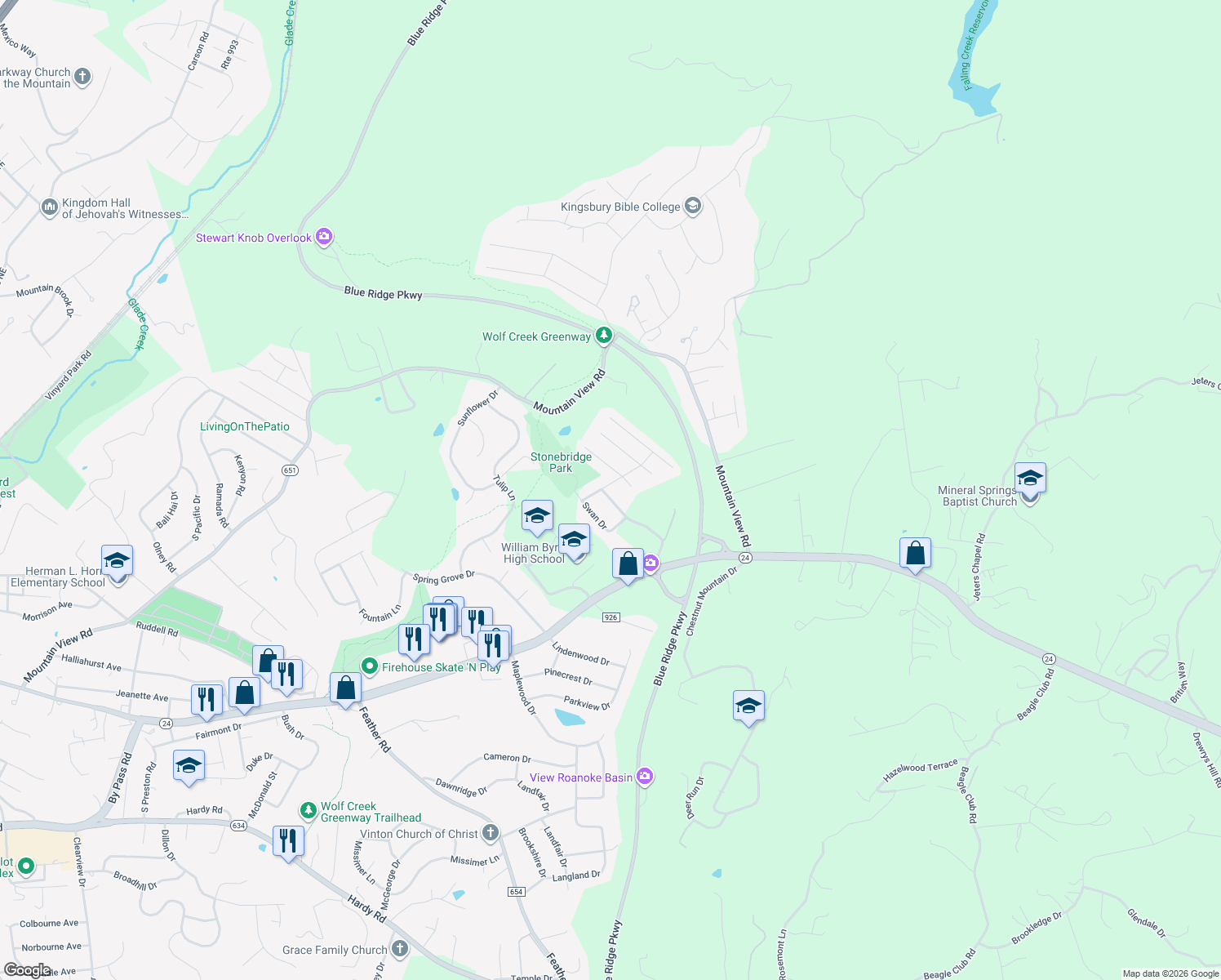 map of restaurants, bars, coffee shops, grocery stores, and more near 339 Stonebridge Drive in Vinton