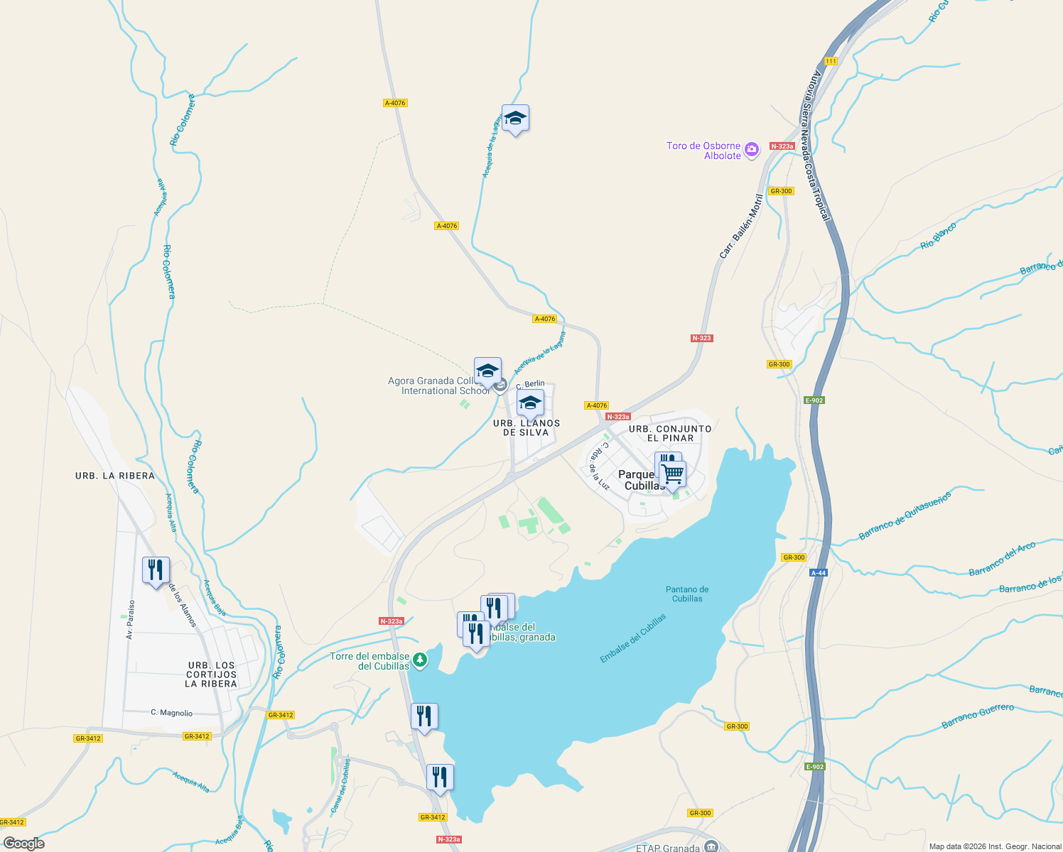 map of restaurants, bars, coffee shops, grocery stores, and more near 1 Calle Londres in Atarfe