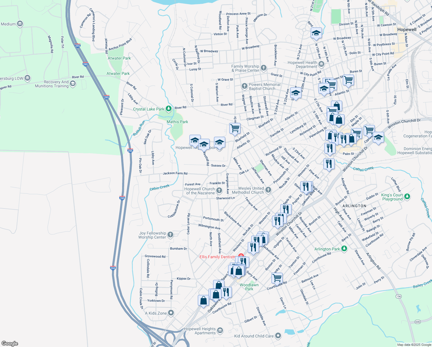 map of restaurants, bars, coffee shops, grocery stores, and more near 400 Smithfield Avenue in Hopewell