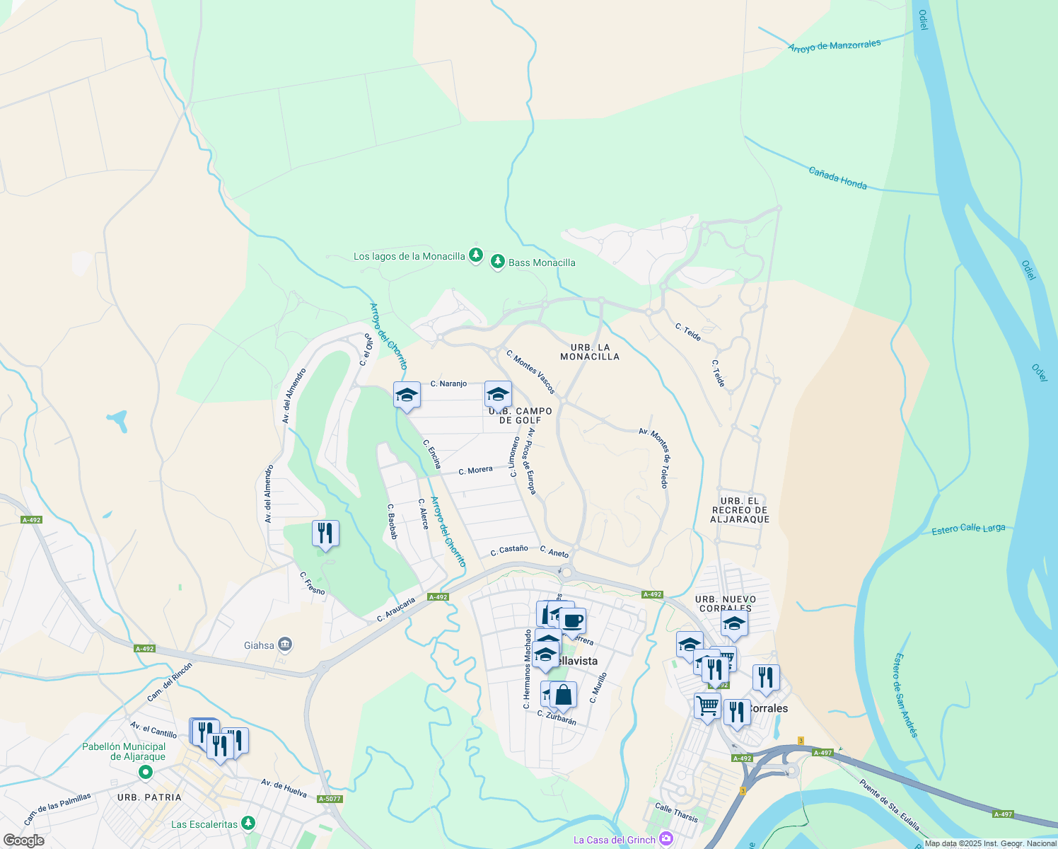 map of restaurants, bars, coffee shops, grocery stores, and more near 77 Avenida Picos de Europa in Aljaraque
